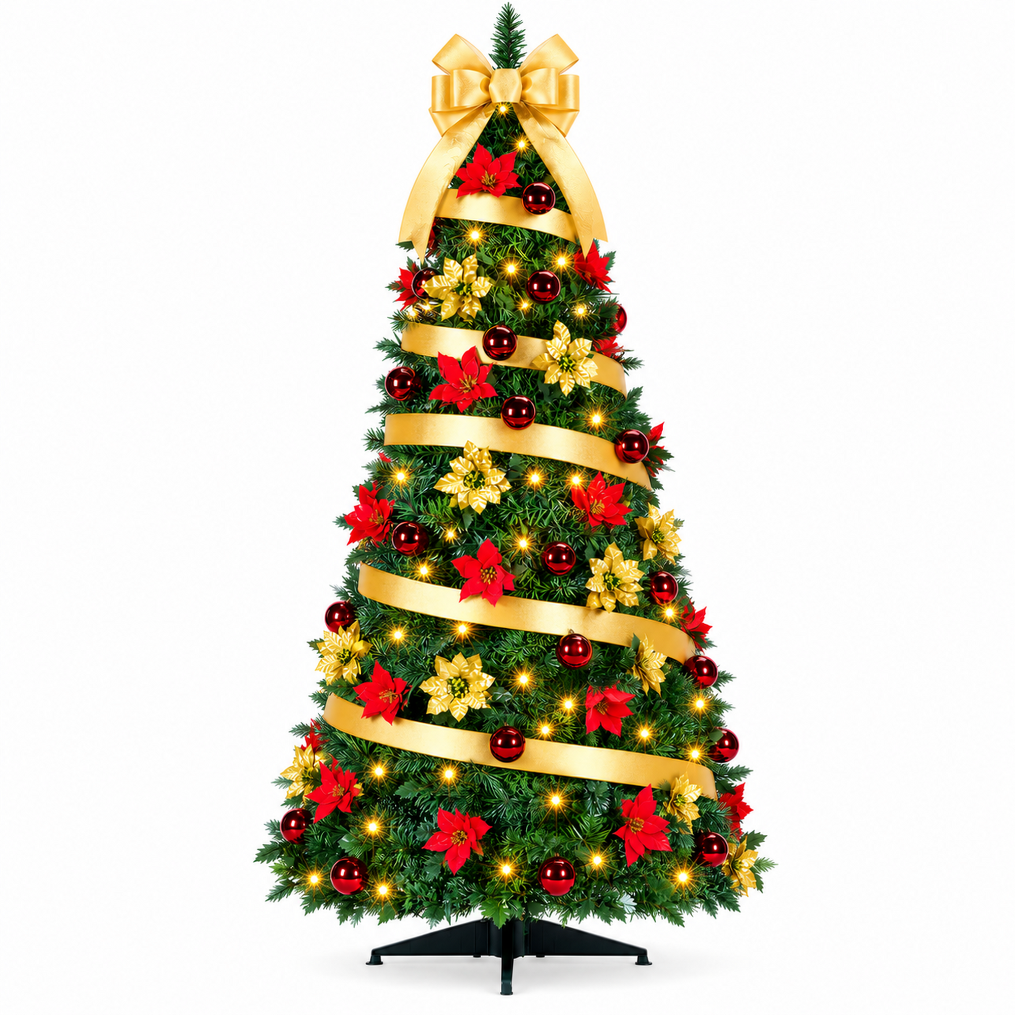 Fenbeli 6ft Pop-Up Pre-Lit Pencil Christmas Tree, 200 LED Lights, 8 Modes, 50 Balls, 50 Flowers, Gold Bow for Holiday Party Decor