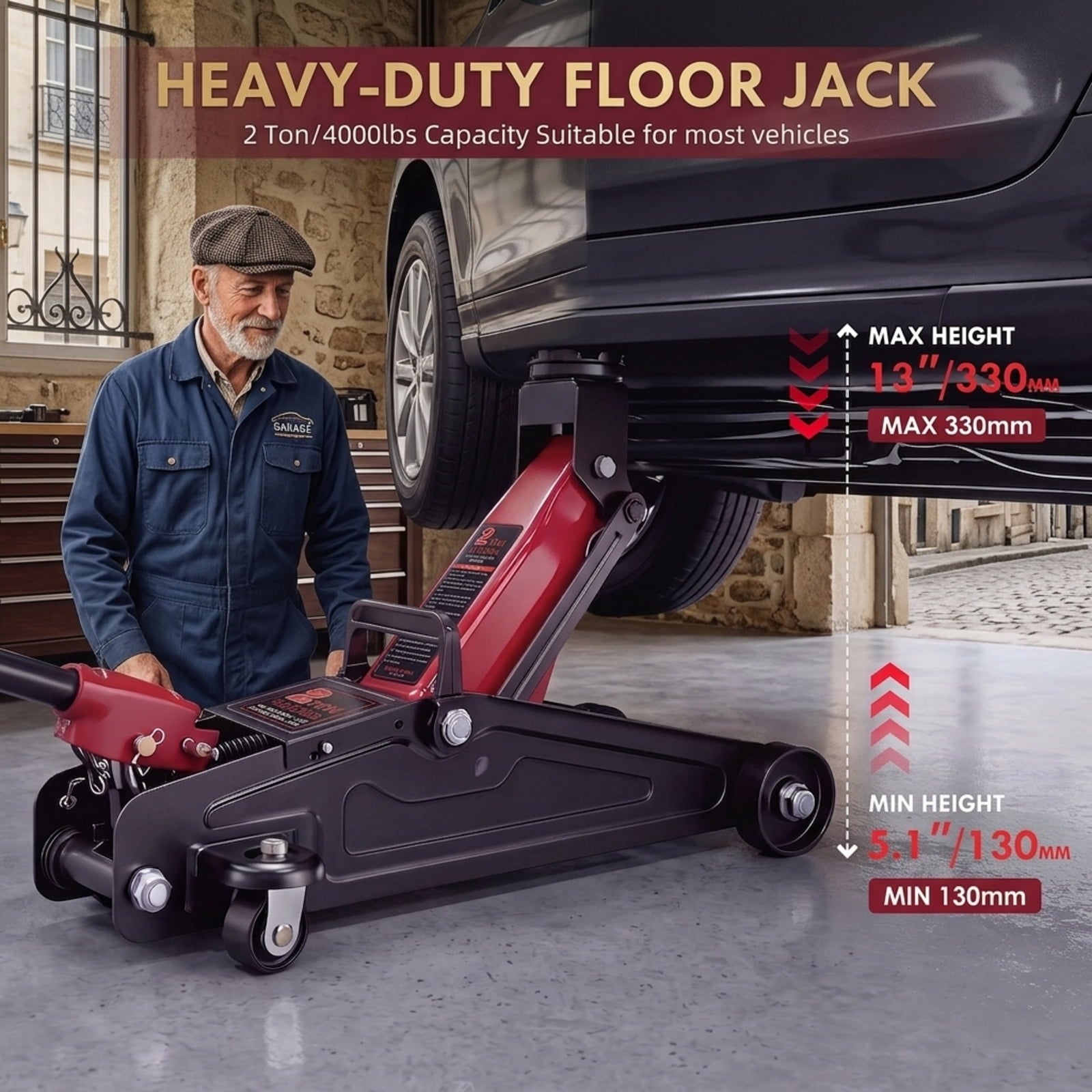 Fenbeli 2 Ton Low Profile Hydraulic Floor Jack, 4000 lb Quick Lift Steel Trolley Jack for Sedans, Small SUVs, Golf Carts and Lawn Mowers, Red and Black