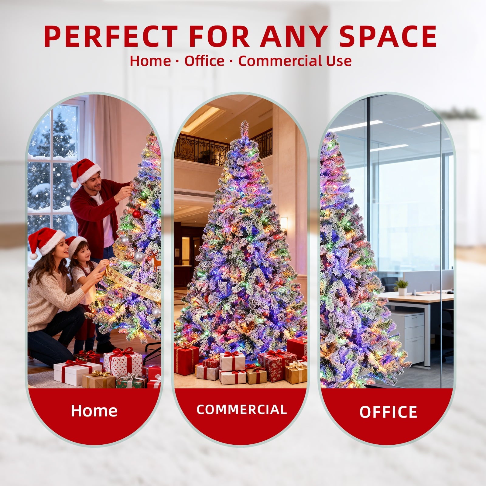 Fenbeli 6ft Pre-Lit Premium Snow Flocked Christmas Tree with 300 Nine Lights Colored Lights, White