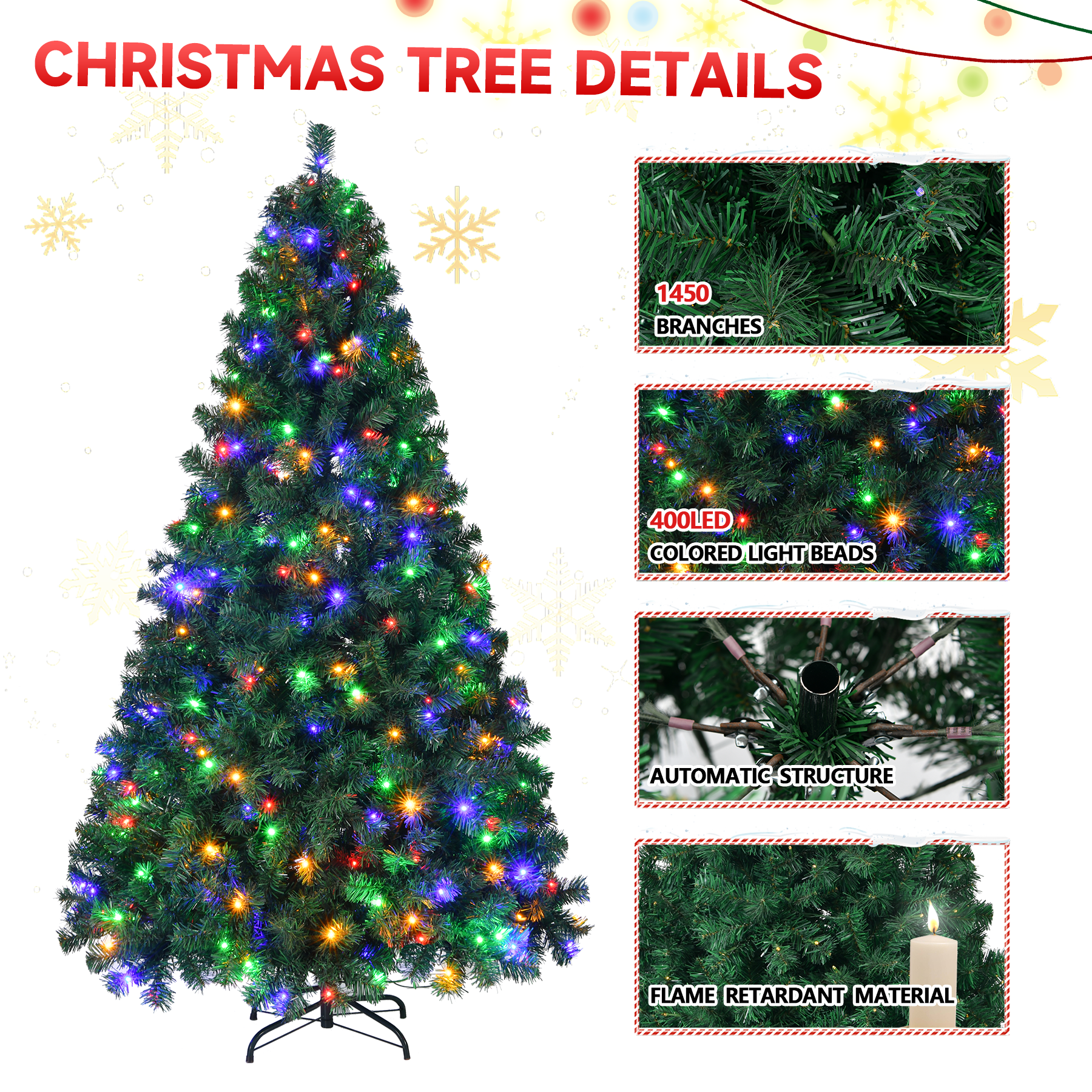 Fenbeli 6ft Prelit Christmas Tree with Lights Artificial Christmas Tree with 250 Colorful LED Lights for Indoor and Outdoor Use