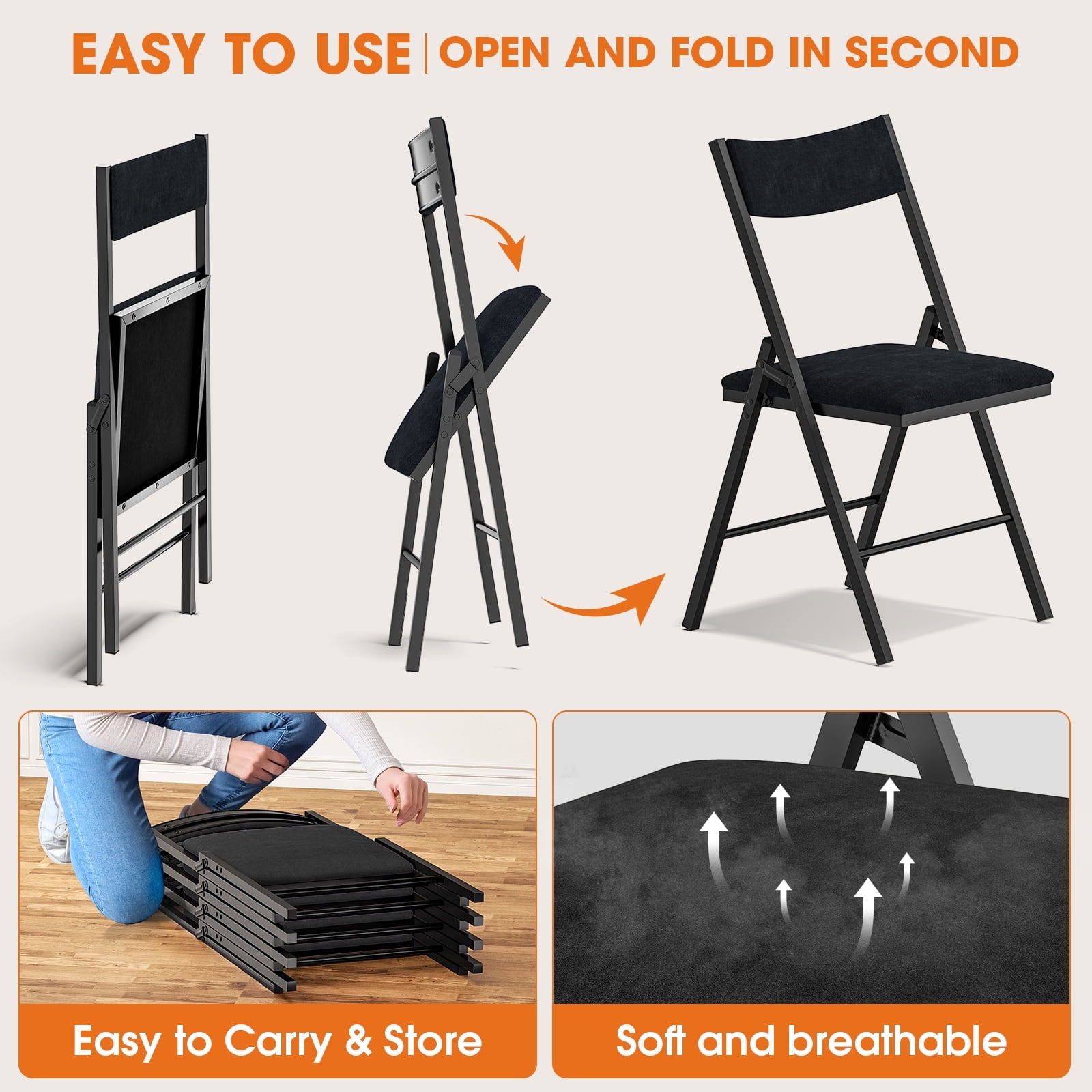 Fenbeli 4-Pack Black Padded Folding Chairs with Metal Frame