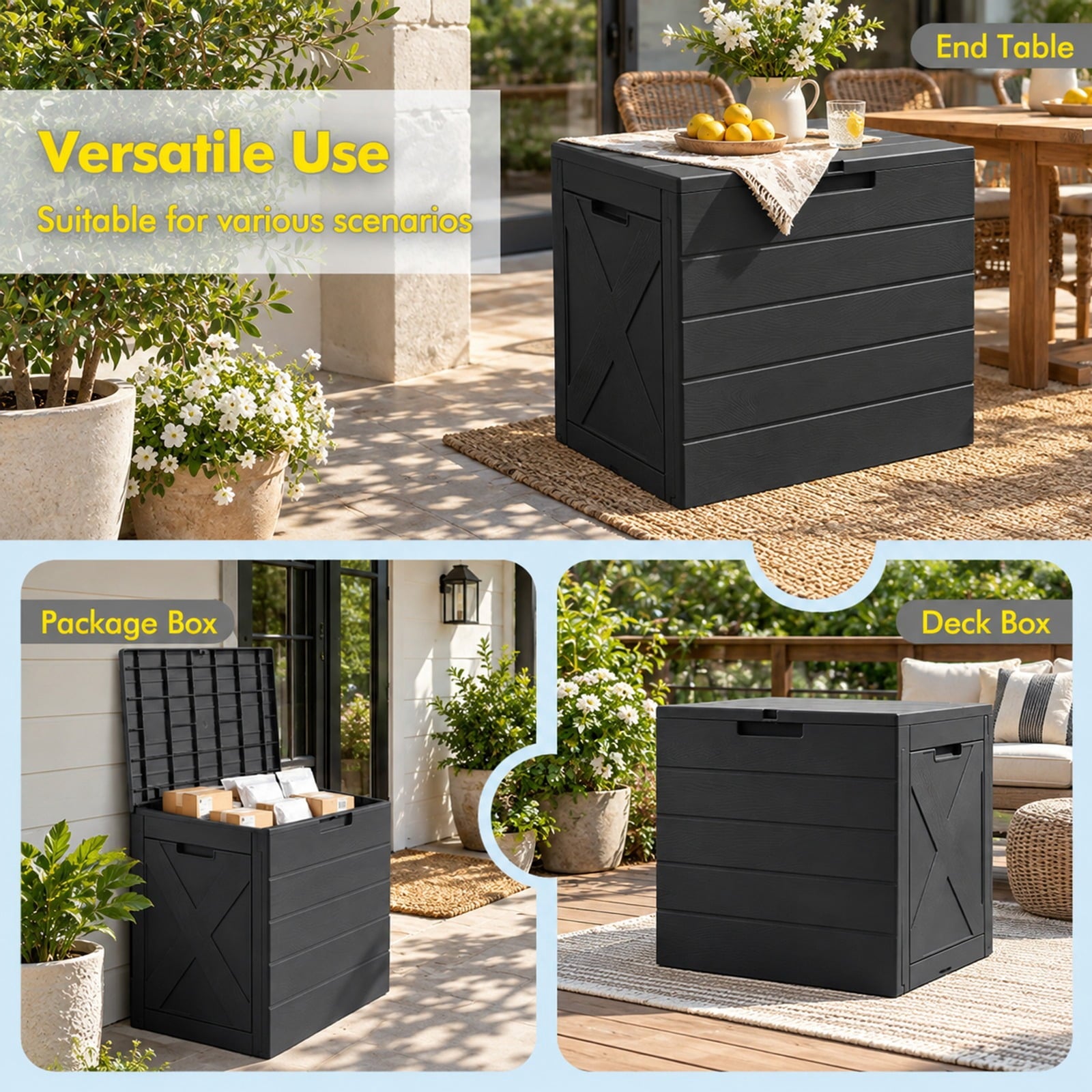 Fenbeli 25 Gallon Storage Bin with Lid Carry Handles and Lock Hole for Patio Furniture Accessories, 110 lbs Capacity, PP Frame, Black