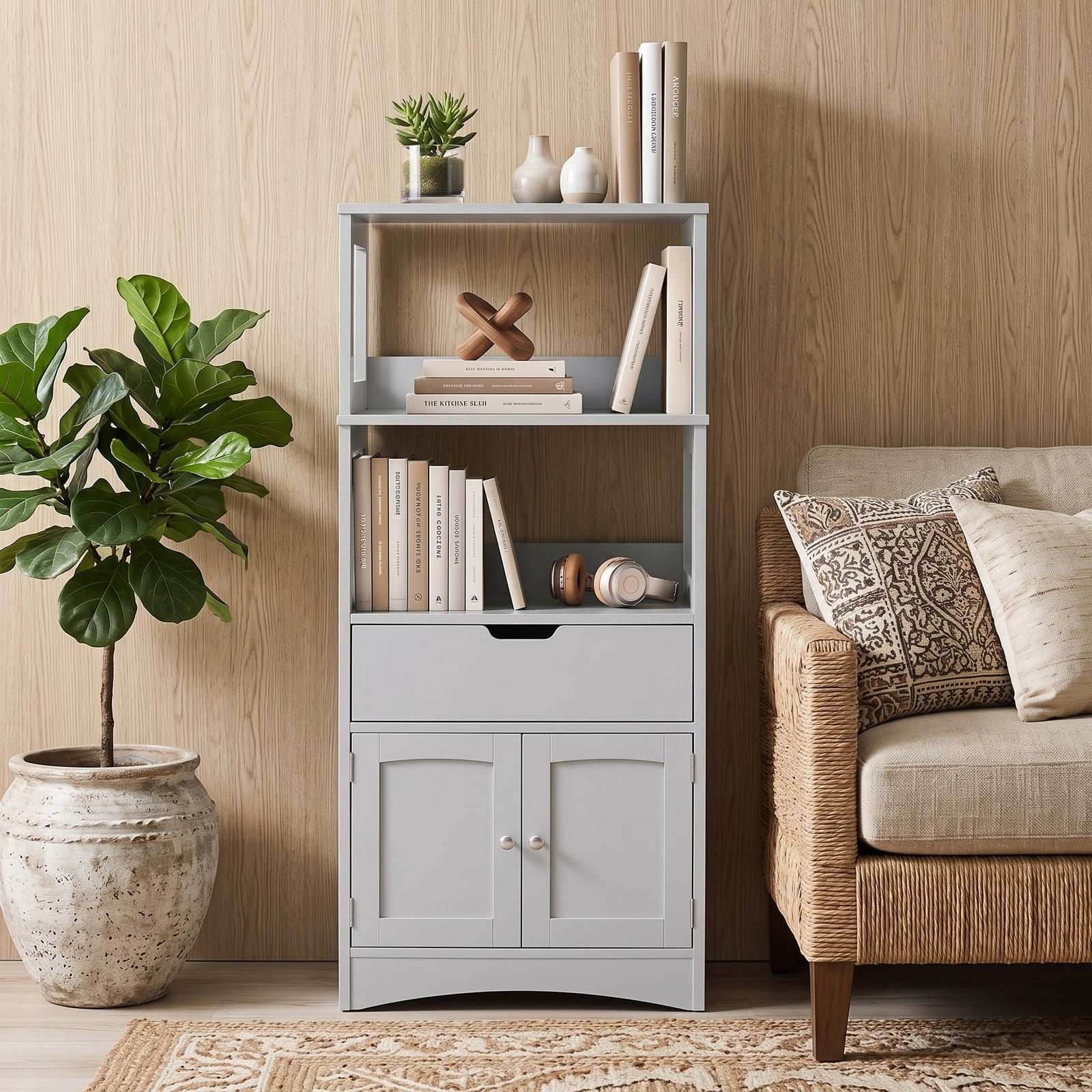 Fenbeli Bathroom Storage Cabinet, Freestanding Floor Cabinet with 3 Open Shelves, Pull-Out Drawer and 2 Doors, Anti-Toppling Wooden Organizer for Bathroom Kitchen, Gray
