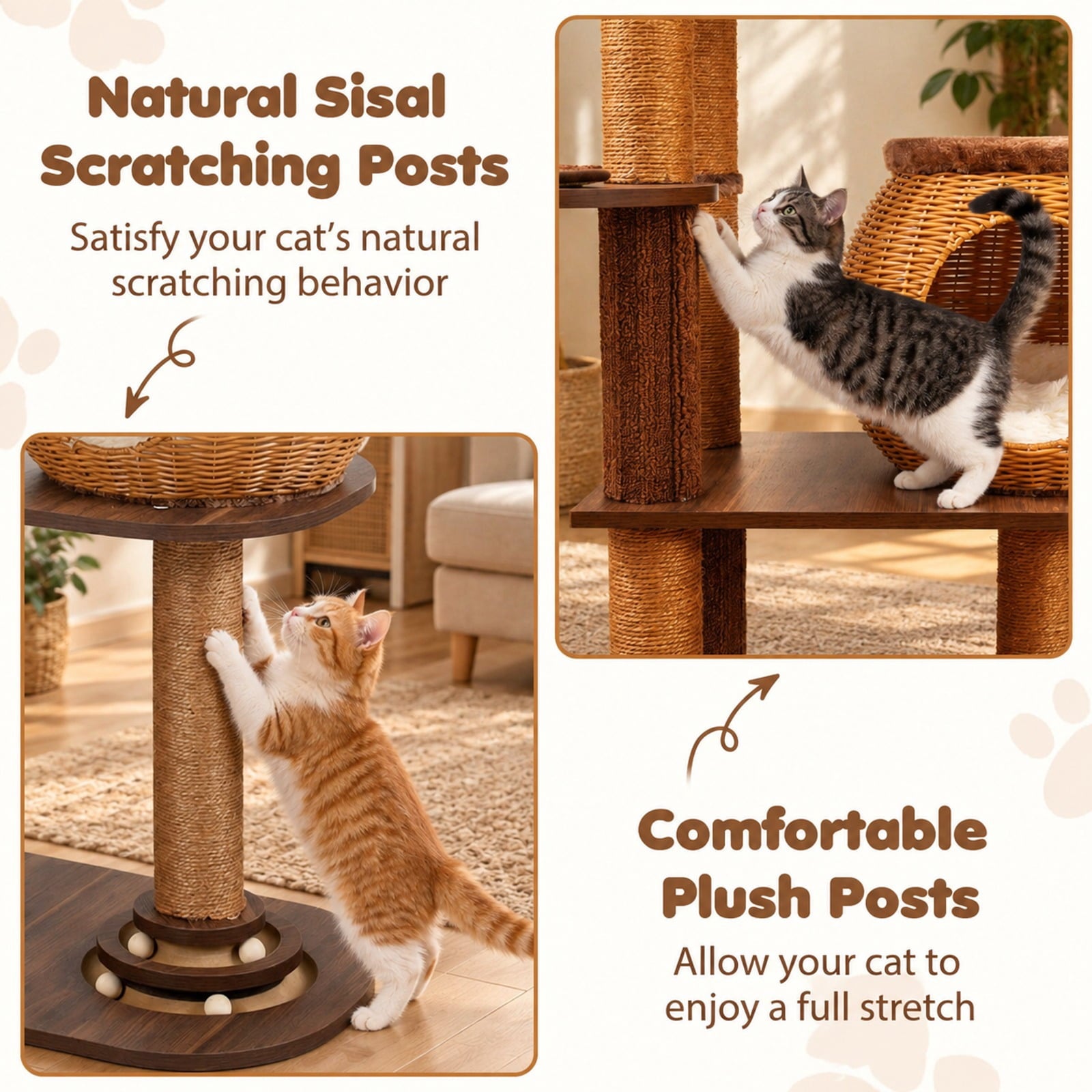 Fenbeli 59.5 Inch Cat Tree Multi-Level Cat Tower with PE Rattan Cat Condo and Top Perch, Platform 44 lbs Capacity, 23 x 16 x 59.5 Footprint