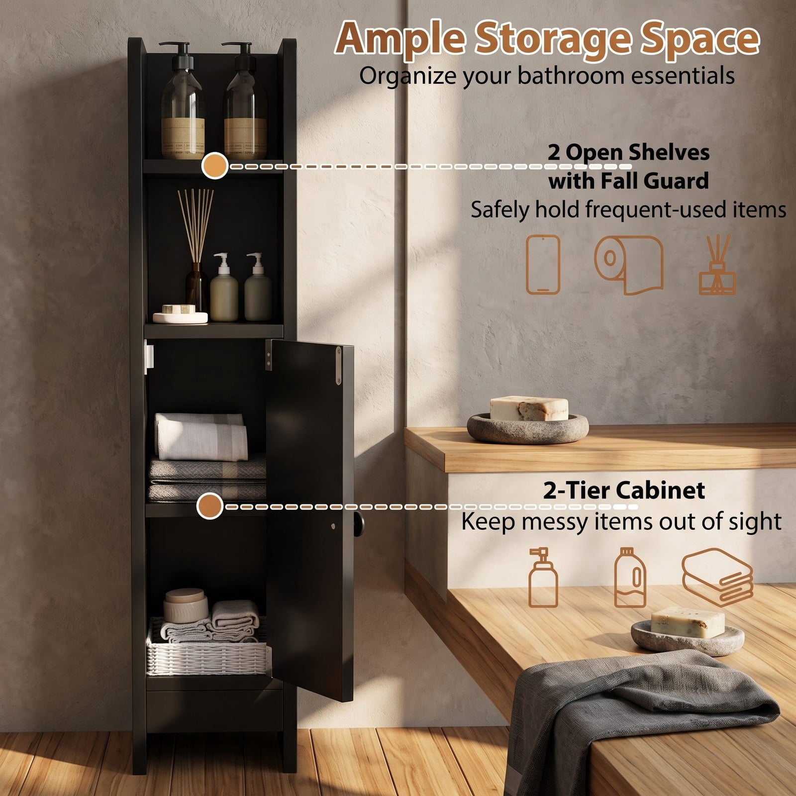 Fenbeli Slim Bathroom Corner Storage Cabinet, Freestanding Floor Cabinet with Door, Adjustable 3-Tier Shelf and Anti-Tipping Kit for Bathroom Laundry Room, Black