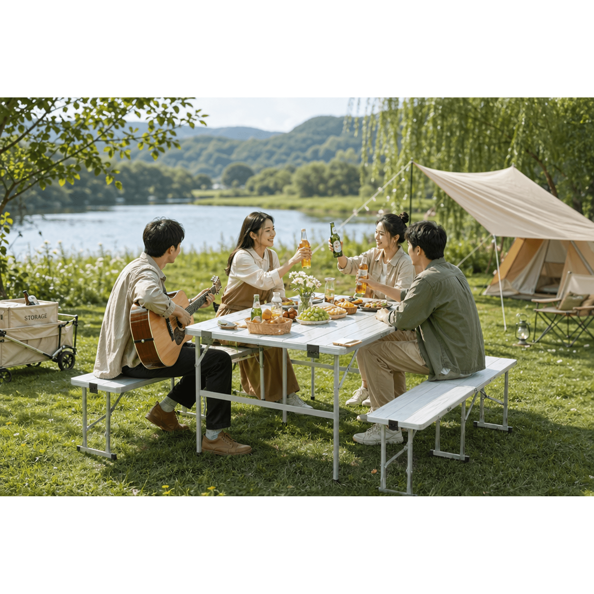 Fenbeli wood Grain Folding Table with 2 Benches - White