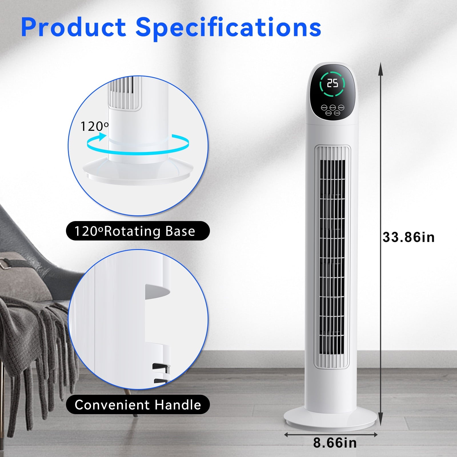 34" Tower Fan with Remote Oscillating Floor Fans for Bedroom, White