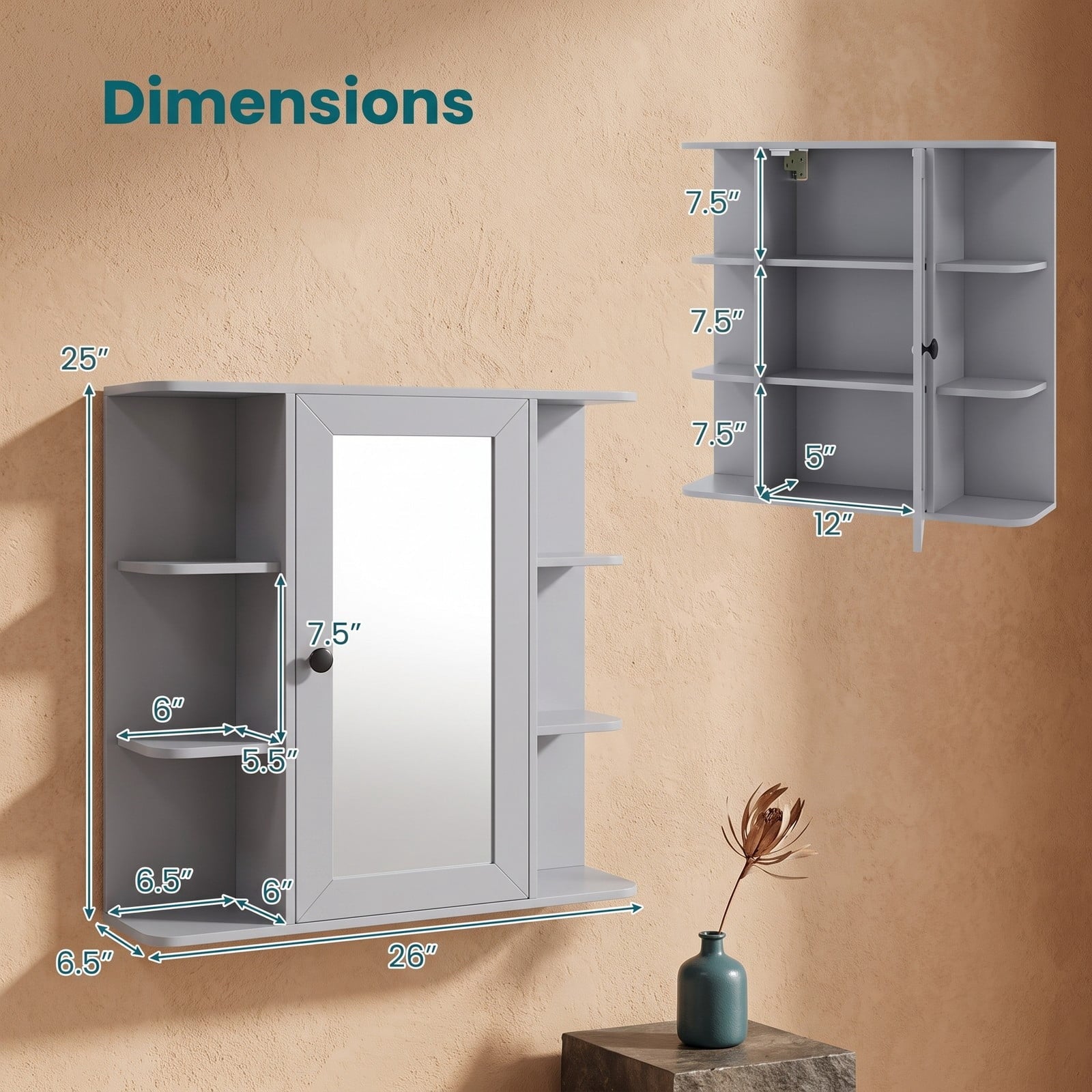Fenbeli Wall Mounted Bathroom Medicine Cabinet with Mirror and Open Shelves, Wood Storage Organizer with Mirrored Door and Adjustable Compartments for Bathroom, Gray