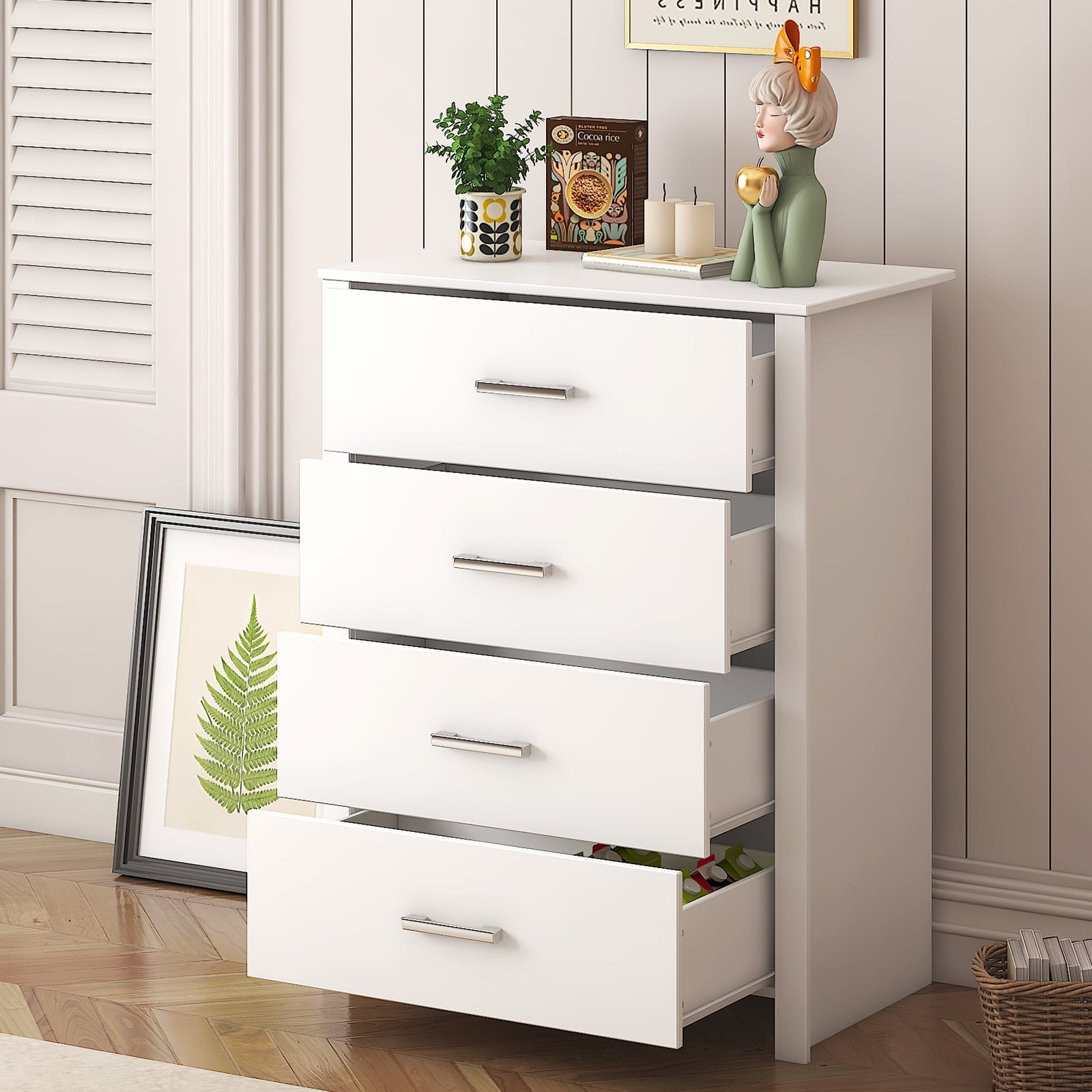 4 Drawer White Dresser for Bedroom Modern Chest of Drawers Wood Storage Cabinet for Living Room Kitchen Office