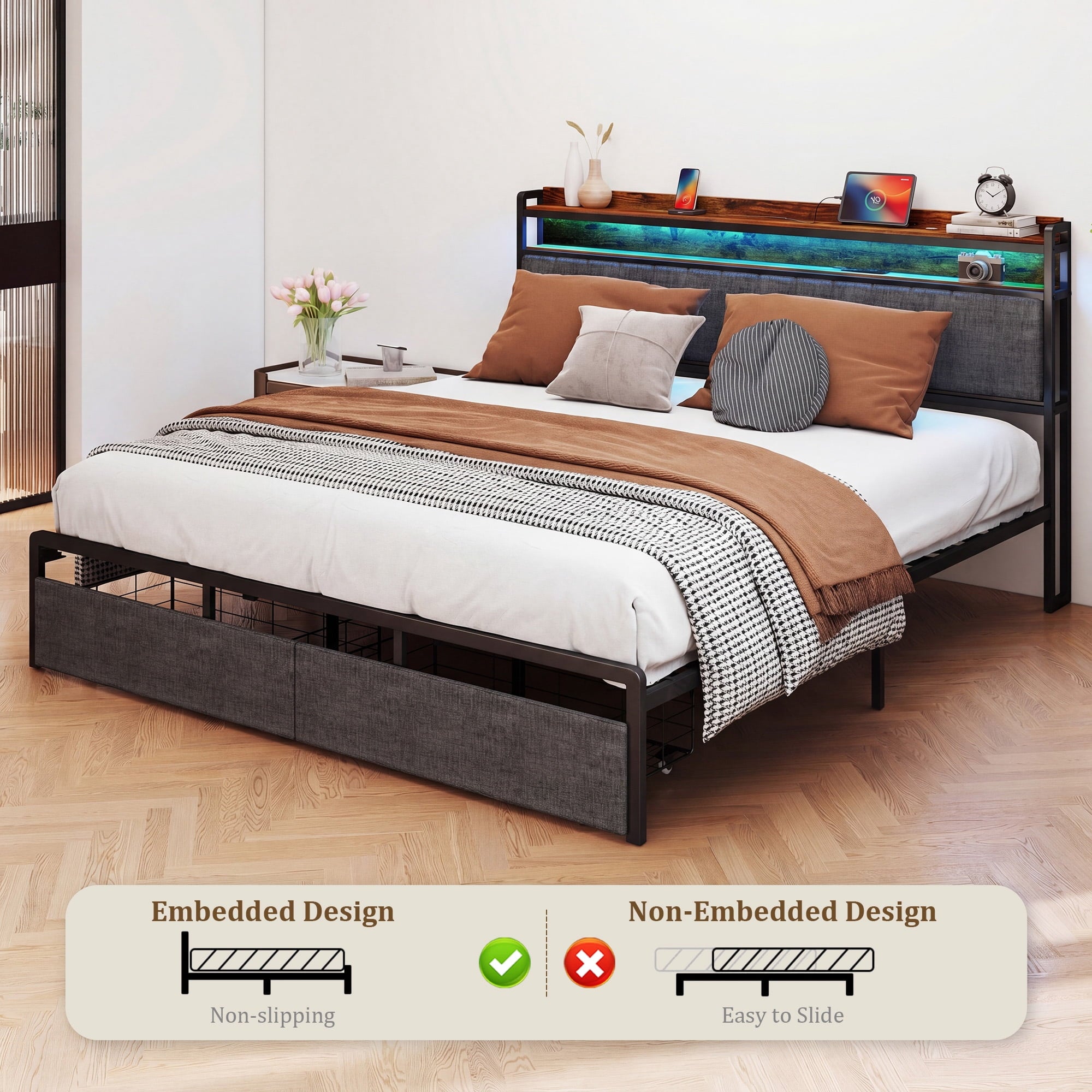 Furnibear LED King Bed Frame with Upholstered Storage Headboard and Drawers, LED Platform Bed with Charging Station, No Box Spring Needed