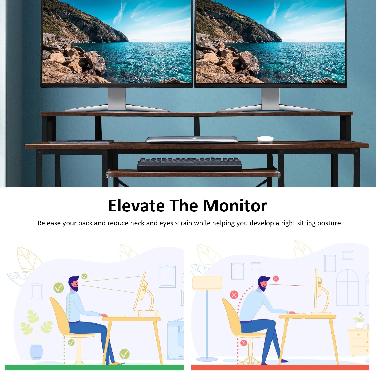 Furnibear Computer Desk 47 Home Office Desk Study Writing Table with Monitor Stand Storage Shelf, Brown