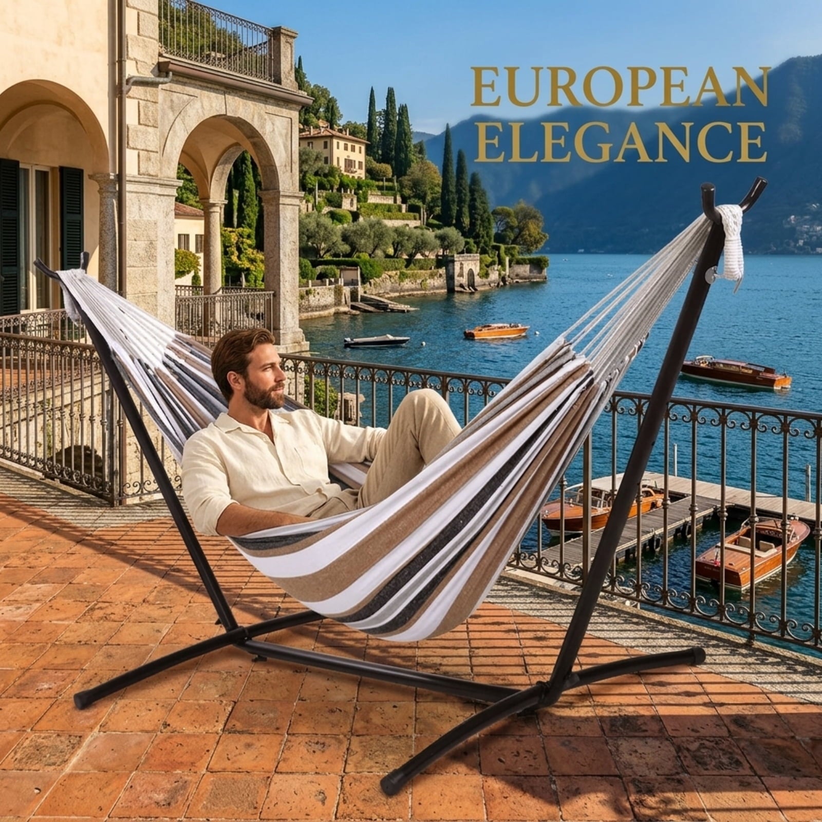 Fenbeli Double Camping Hammock with Stand 2 Person Portable Hammock Bed with Steel Frame and Carry Bag for Backyard Patio Outdoor Poolside, Yellow