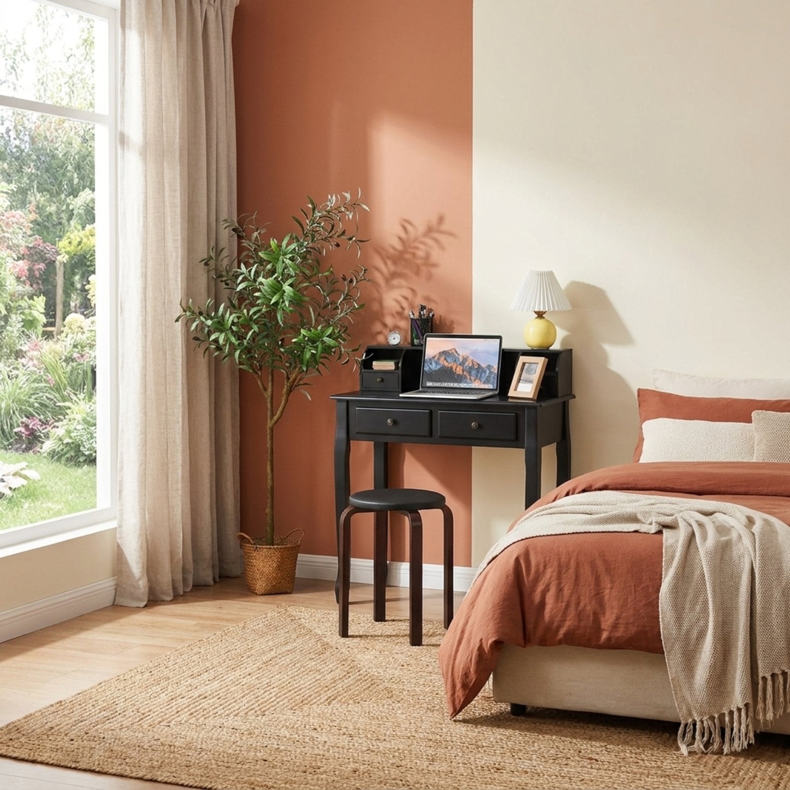 Furnibear 2-Tier Writing Desk with Storage, Vanity and Sewing Desk with 4 Drawers, Computer Desk for Bedroom, Black
