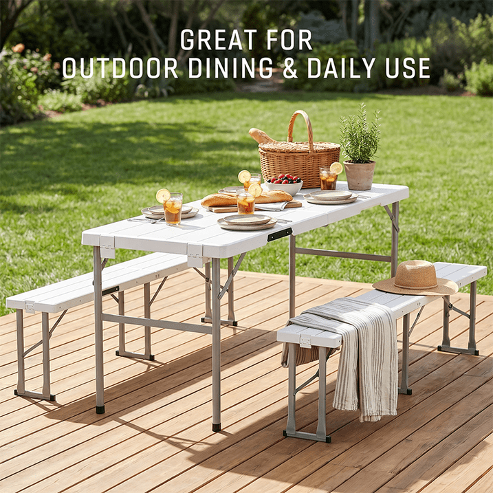 Fenbeli Folding Picnic Table with 2 Benches Portable Picnic Table Set for Camping Outdoor Patio Dining, White
