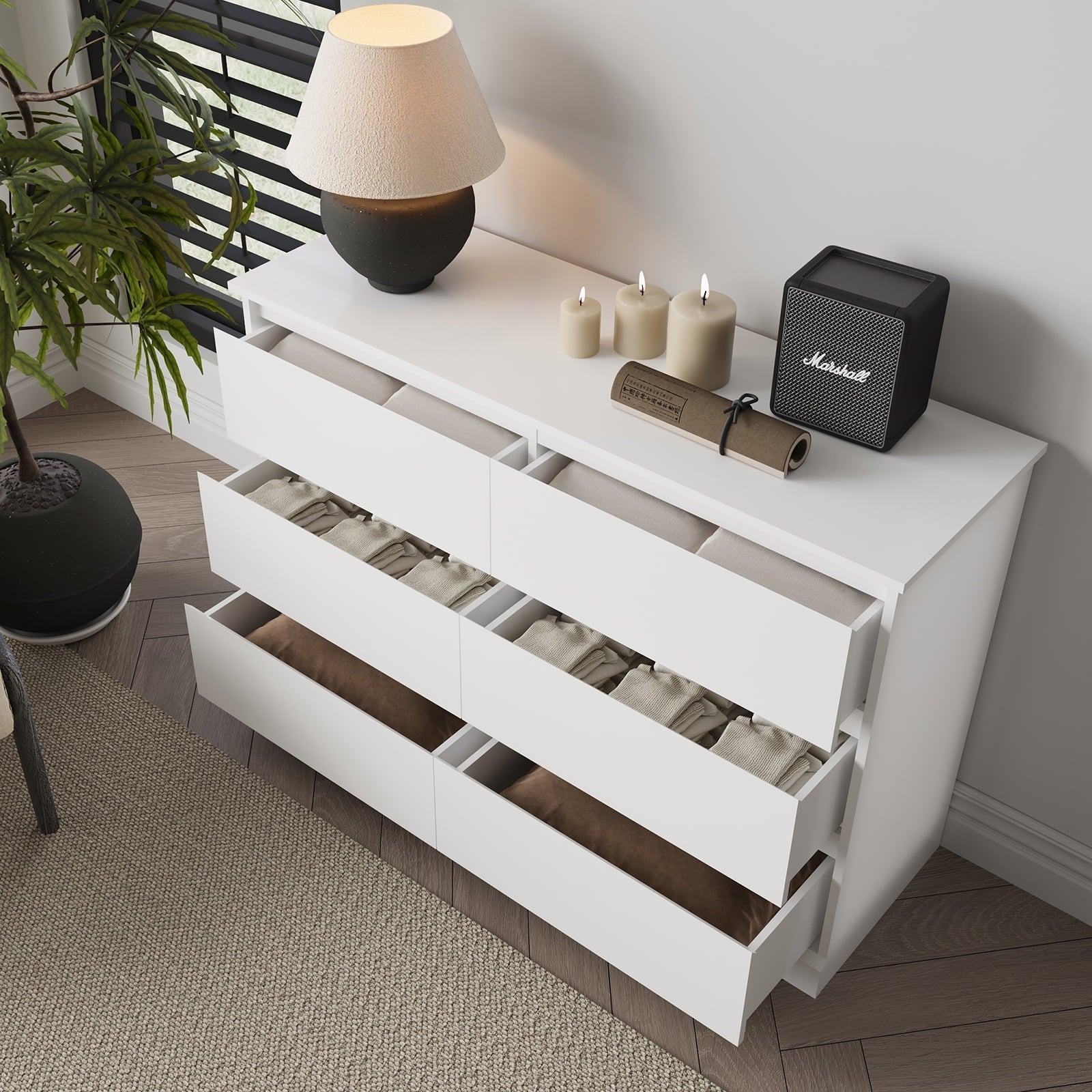 6 Drawer White Dresser for Bedroom Modern Chest of Drawer Wood Storage Cabinet for Entryway Living Room