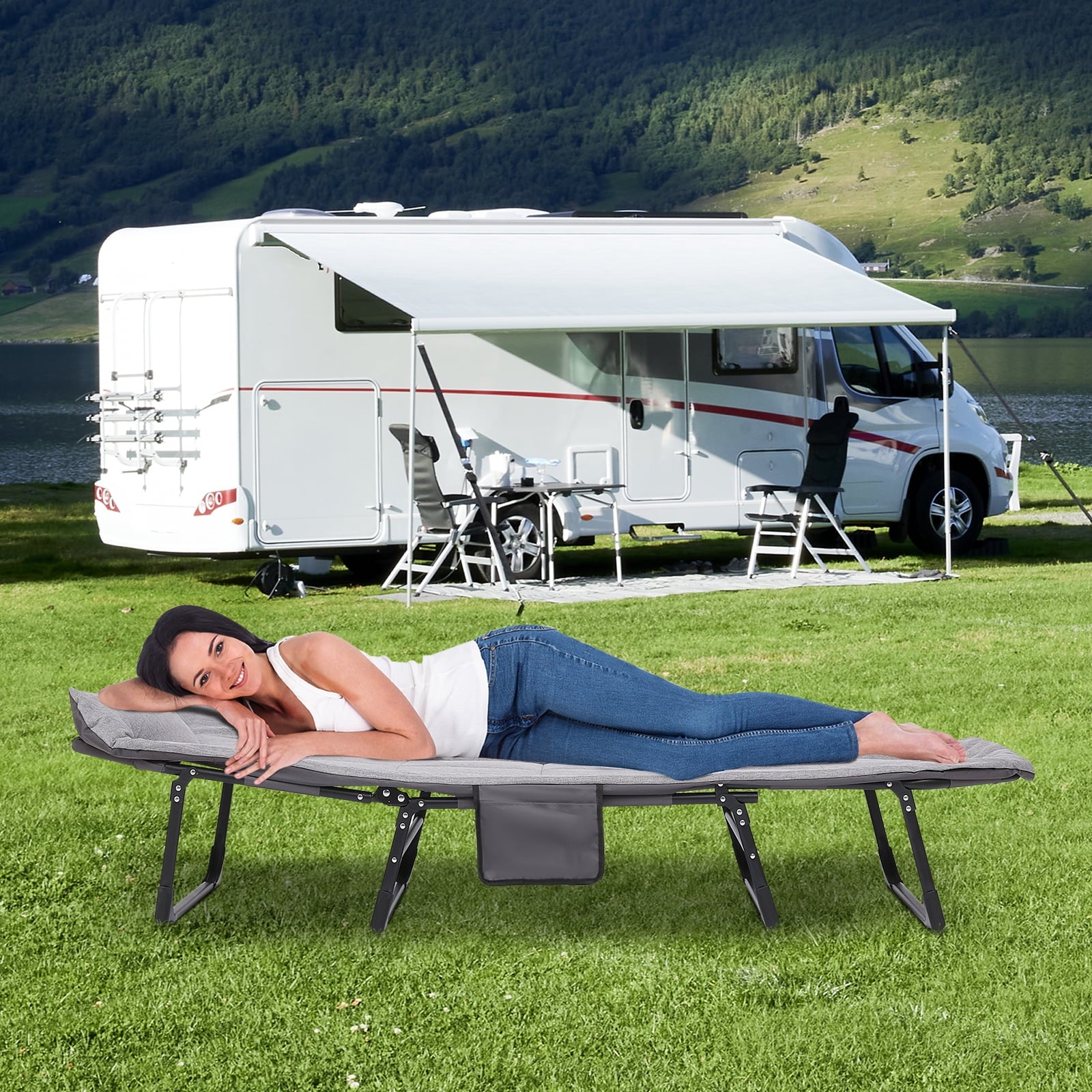 Fenbeli Folding Camping Cot, Adjustable Backrests Position Adults Reclining Chairs with Thick Mattress and Pillow 76.5in x24.4in for Camp/Travel/Beach/Patio/Office/Home Naps