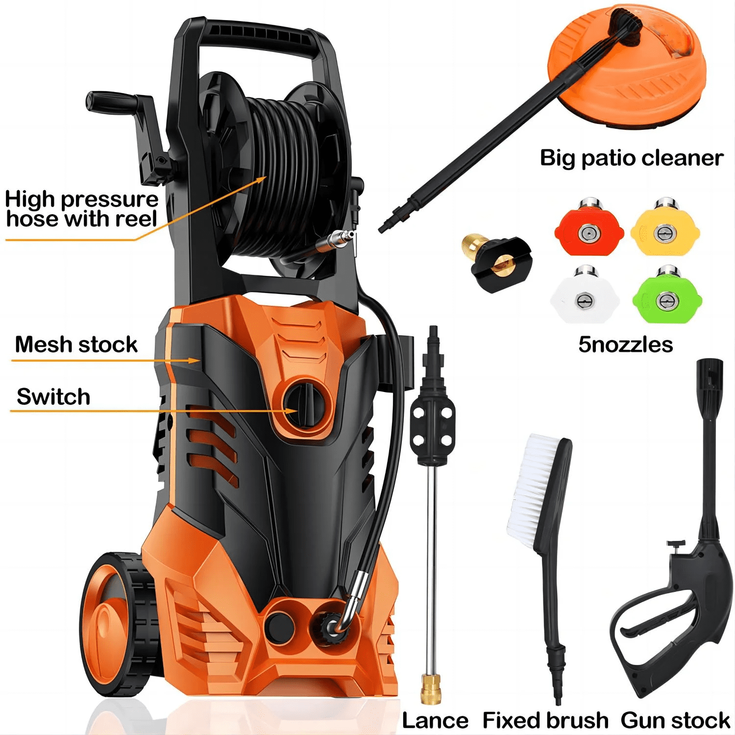 Vebreda 3800 PSI Electric Pressure Washer Lightweight Power Pressure Washer, Great for Cars Washing Fences Patios Driveways