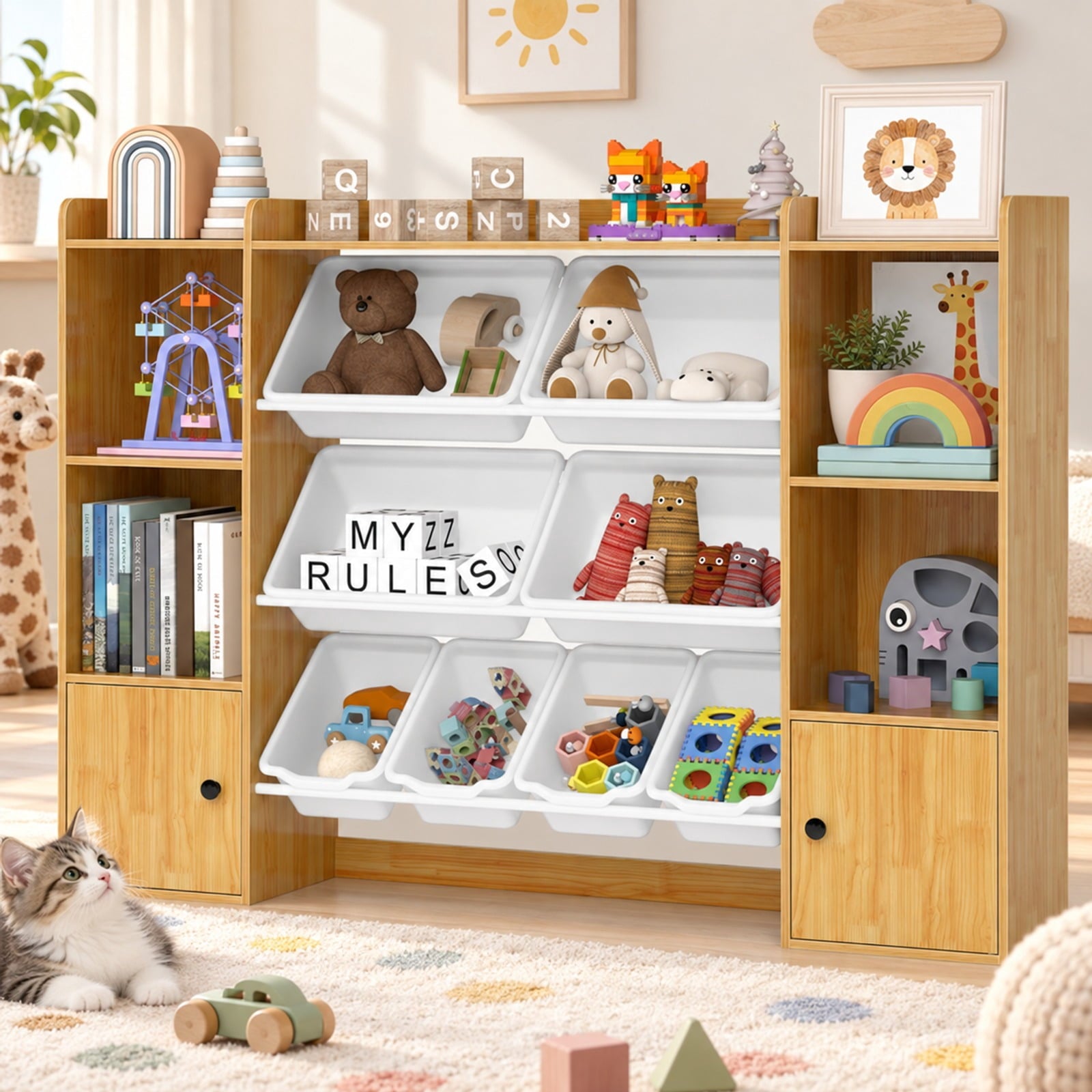 Fenbeli Kids Toy Storage and Bookshelf with Boxes and Open Shelves, 385 lbs Capacity, Engineered Wood Frame, for 3+ Years Old Total, Beige