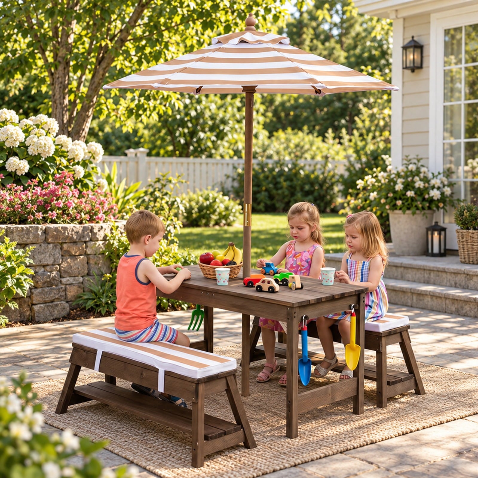 Fenbeli Outdoor Kids Wooden Picnic Table and Benches Set with Umbrella, 110 lbs Capacity, Fir Wood Nylon Fabric Sponge PP Frame, for 3+ Years Old