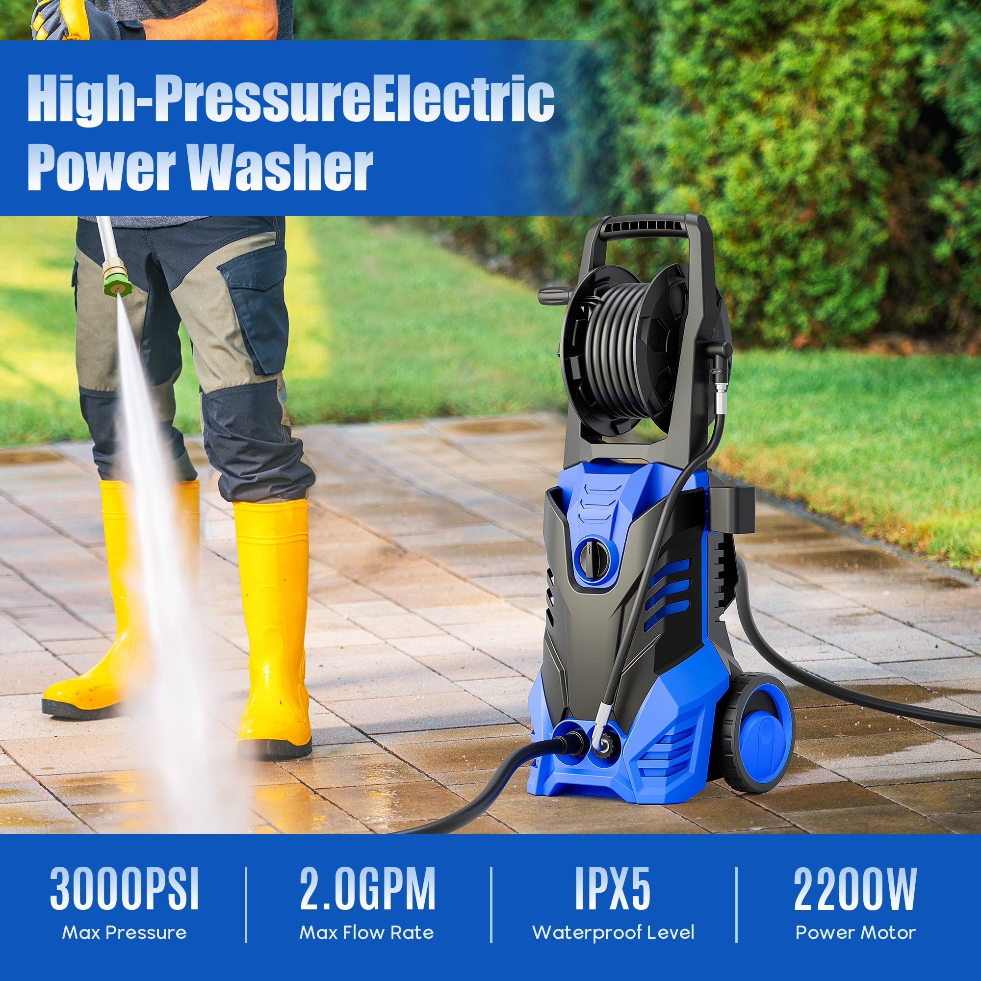 Fenbeli 3000 PSI Electric Pressure Washer, 2.0 GPM Power Washer with Hose Reel, 5 Nozzles, Wheels and Handle, 2000W High-Efficiency Cleaner for Cars, Homes, Driveways, and Decks
