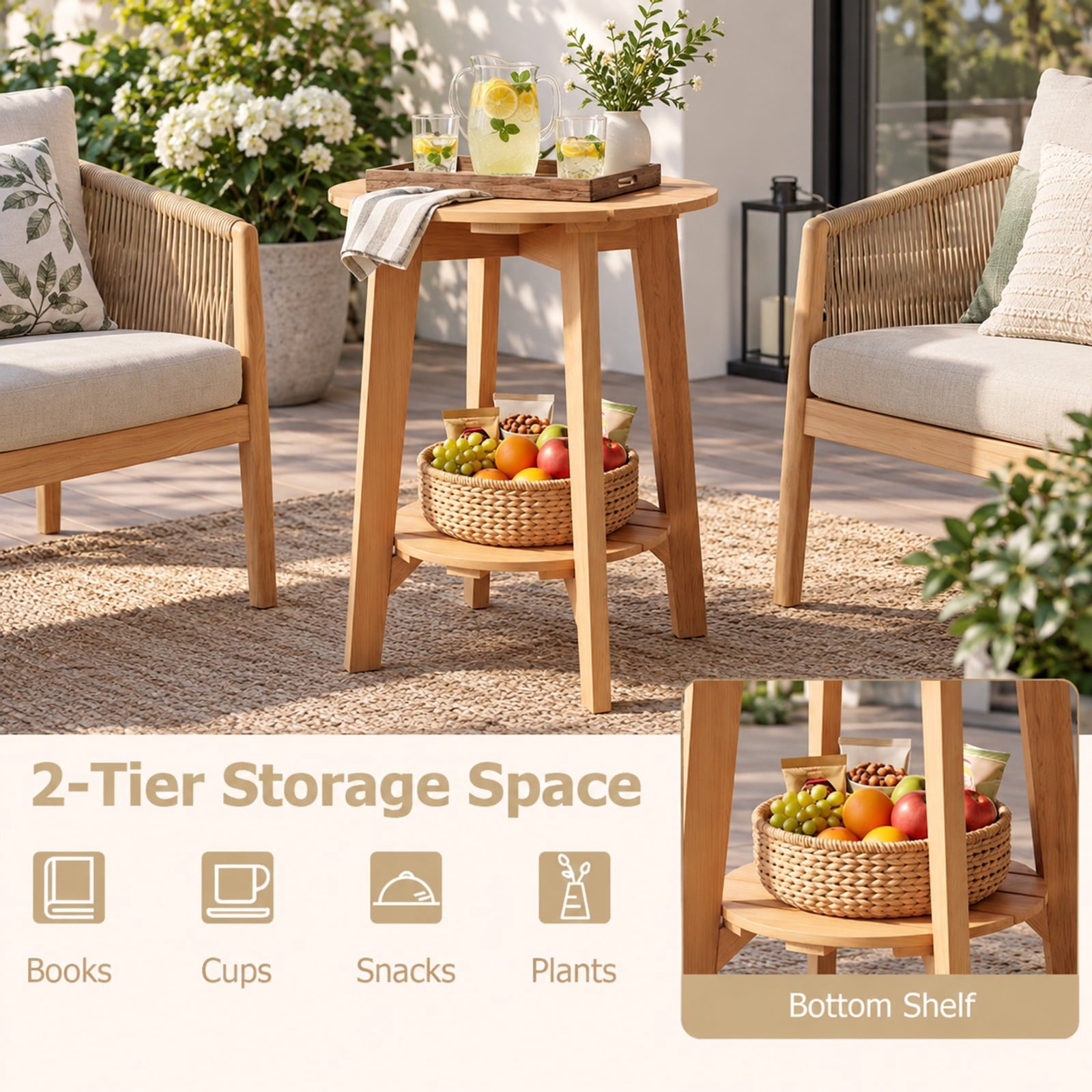 Fenbeli Set of 2 Eucalyptus Wood Side Table 2-Tier with Slatted Tabletop and Storage Shelf for Outdoor, 165 lbs Capacity, Eucalyptus Wood Frame