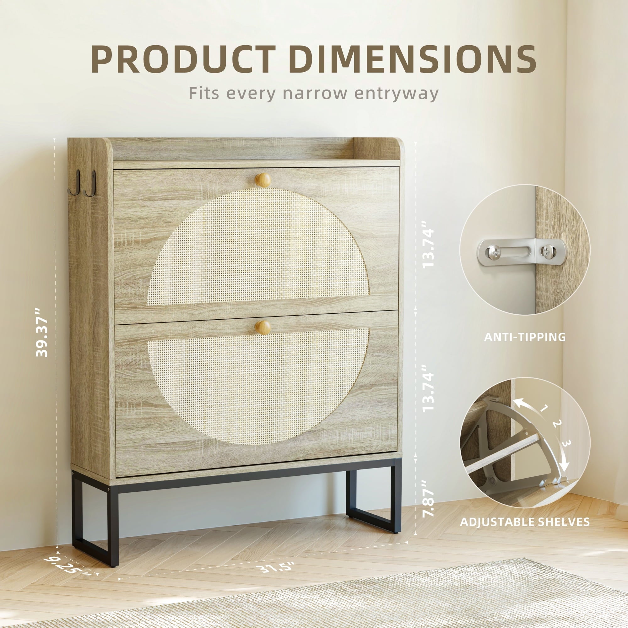 Furnibear Shoe Cabinet with Rattan Doors and Adjustable Shelves for Entryway Shoe Storage, Natural Wood