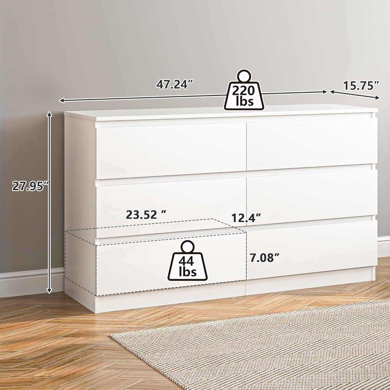 6 Drawer White Dresser for Bedroom Modern Chest of Drawer Wood Storage Cabinet for Entryway Living Room