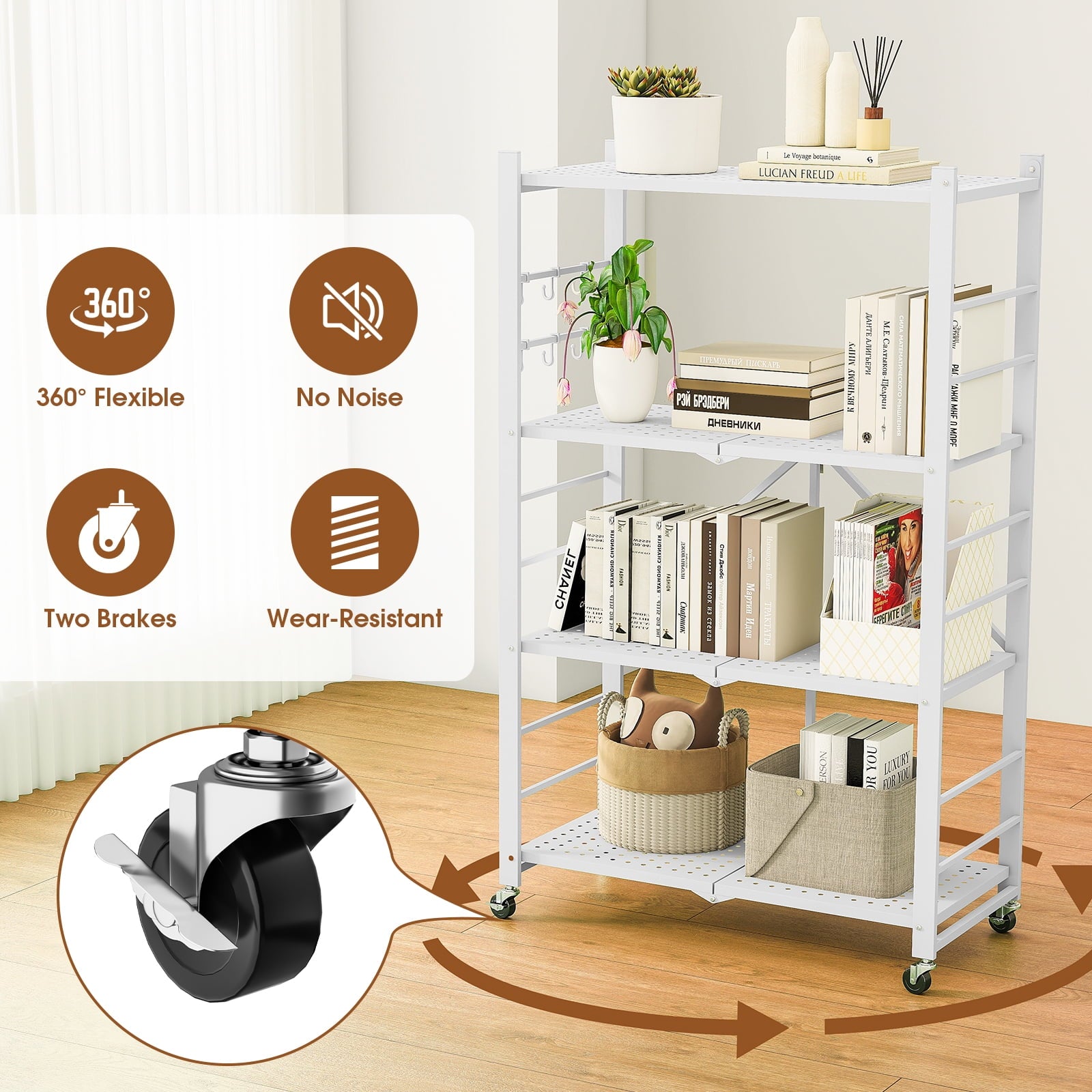 Fenbeli Storage Shelves,4-Tier Foldable Metal Wire Storage Shelf with Wheels, Heavy Duty Organizer Rack for Garage, Kitchen, Closet, White