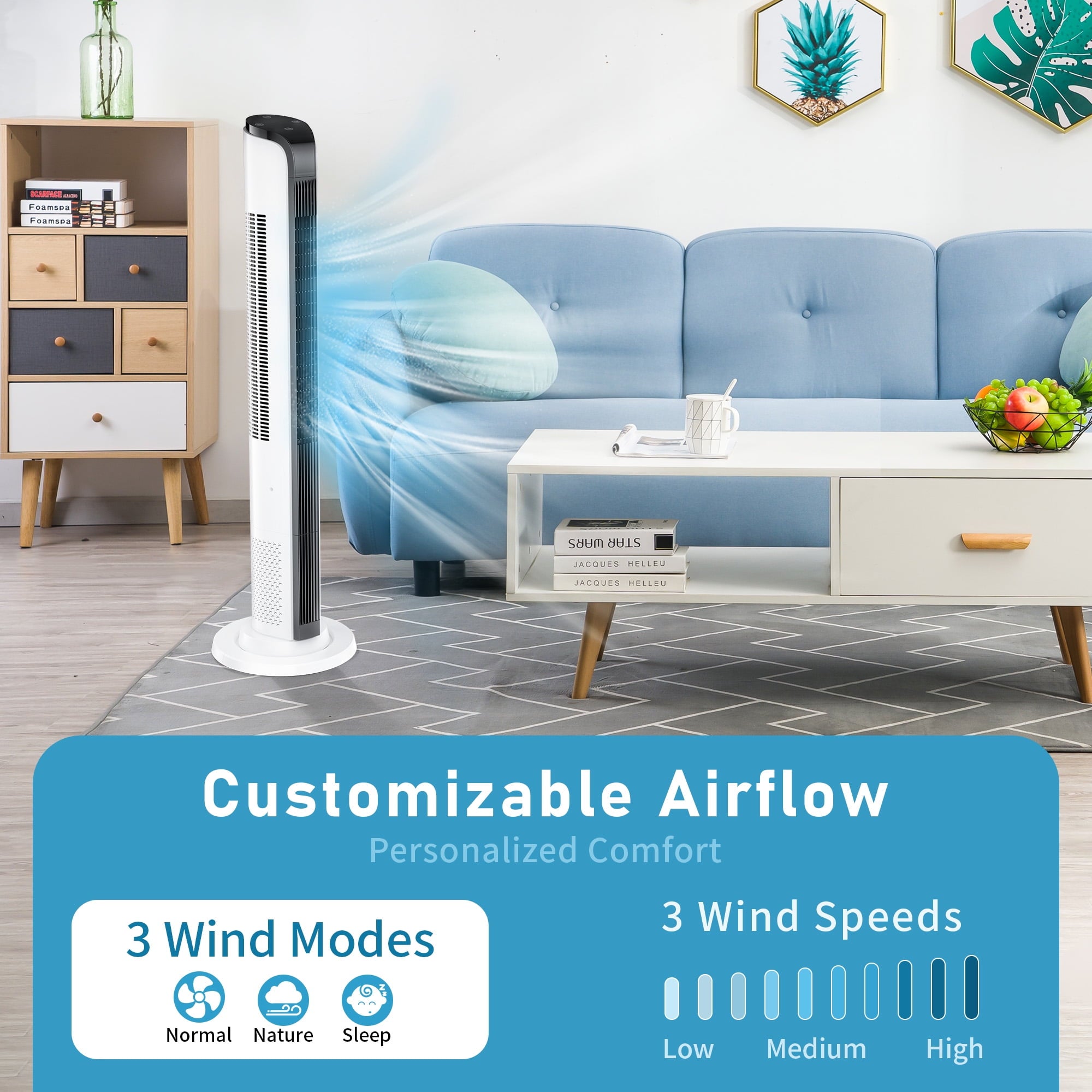 43inch Tower Fans for Home with Remote for Bedroom with 3 Speeds, 3 Modes, White