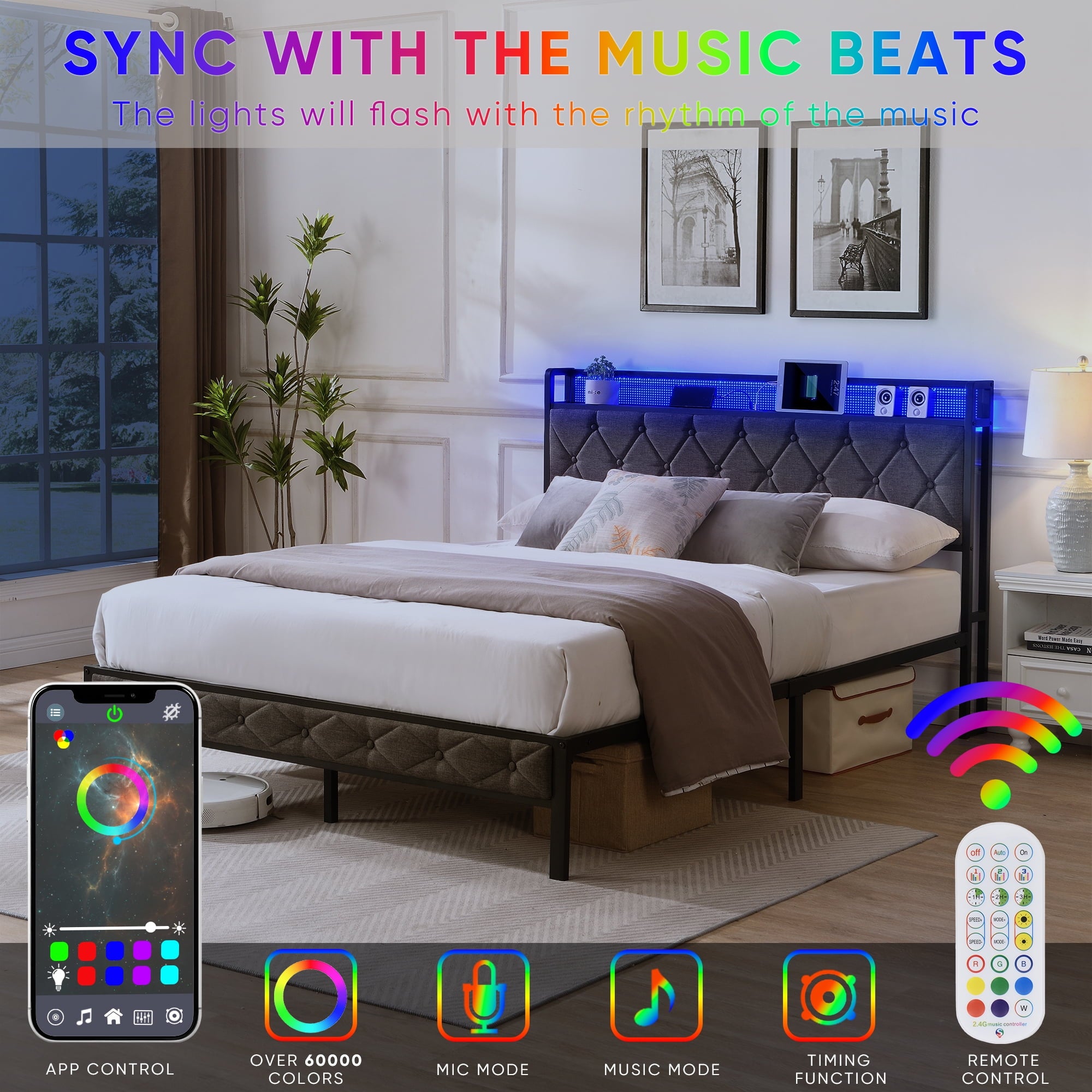 Furnibear Queen Bed Frame with RGB LED Lights, Charging Station And Storage Headboard | Reinforced Platform | Easy Assembly, Dark Gray