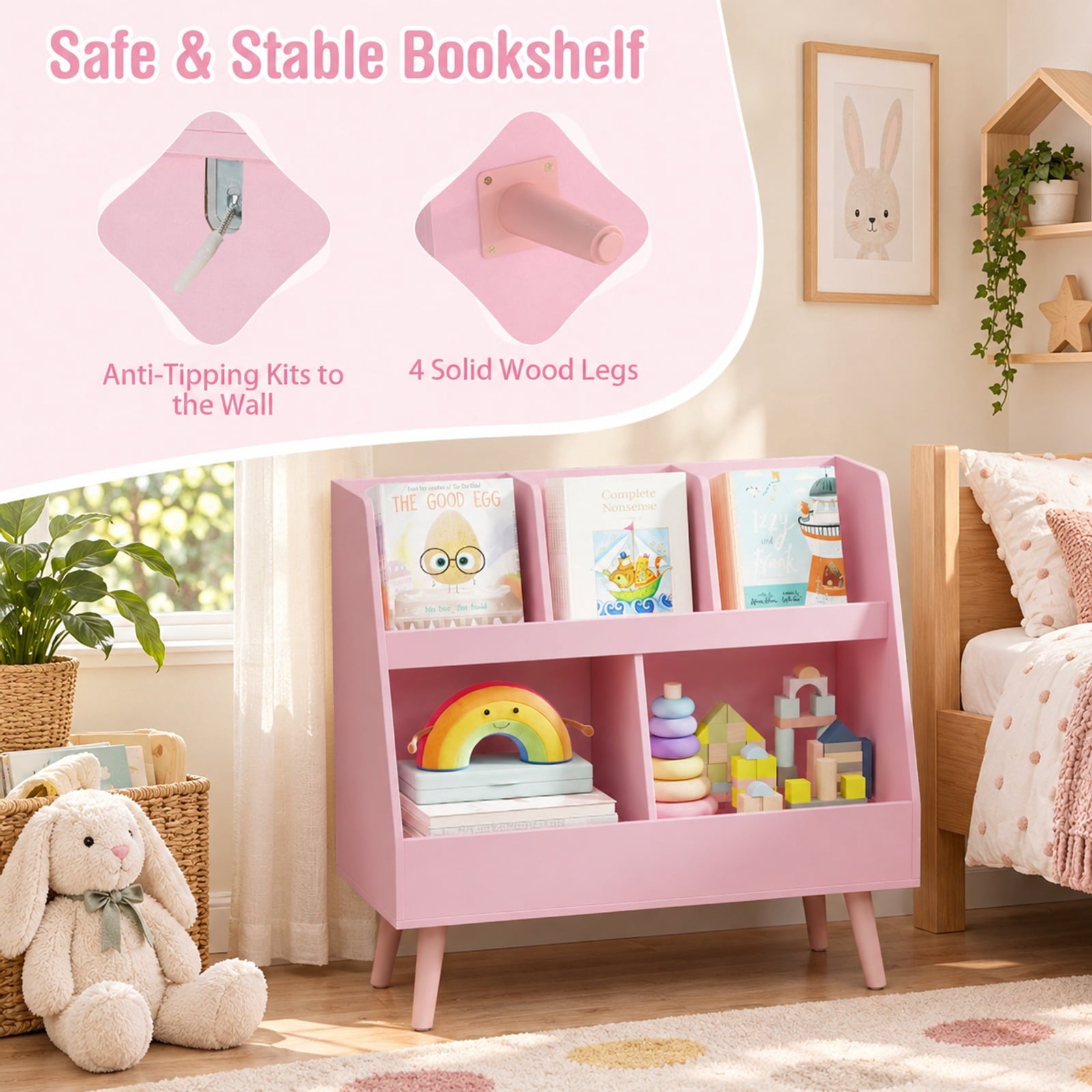 Fenbeli 5-Cube Kids Bookshelf and Toy Organizer with Anti-Tipping Kits, 68 lbs Capacity, MDF Solid Wood Frame, Pink