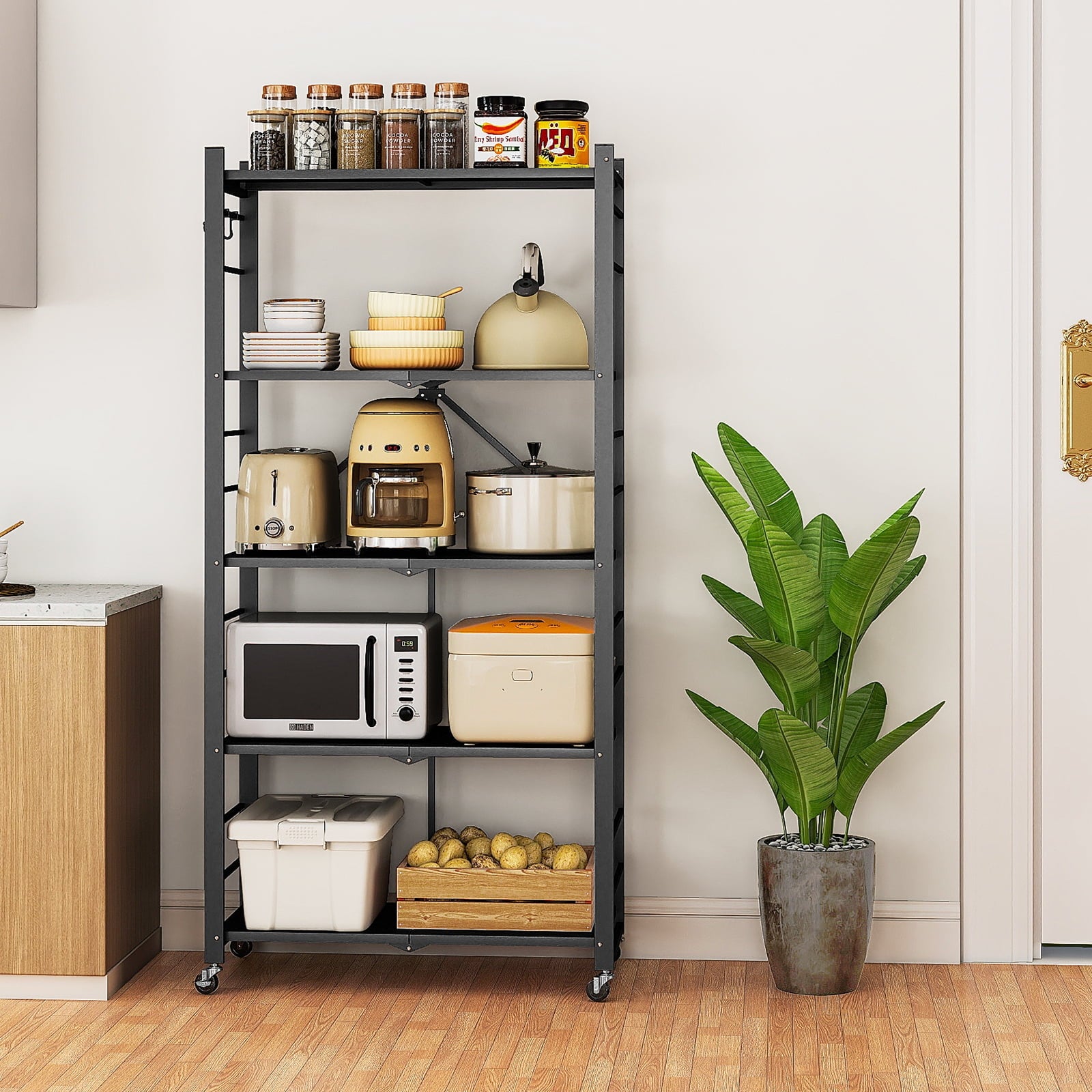 Fenbeli Storage Shelves,5-Tier Foldable Metal Wire Storage Shelf with Wheels, Heavy Duty Organizer Rack for Garage, Kitchen, Closet, Black