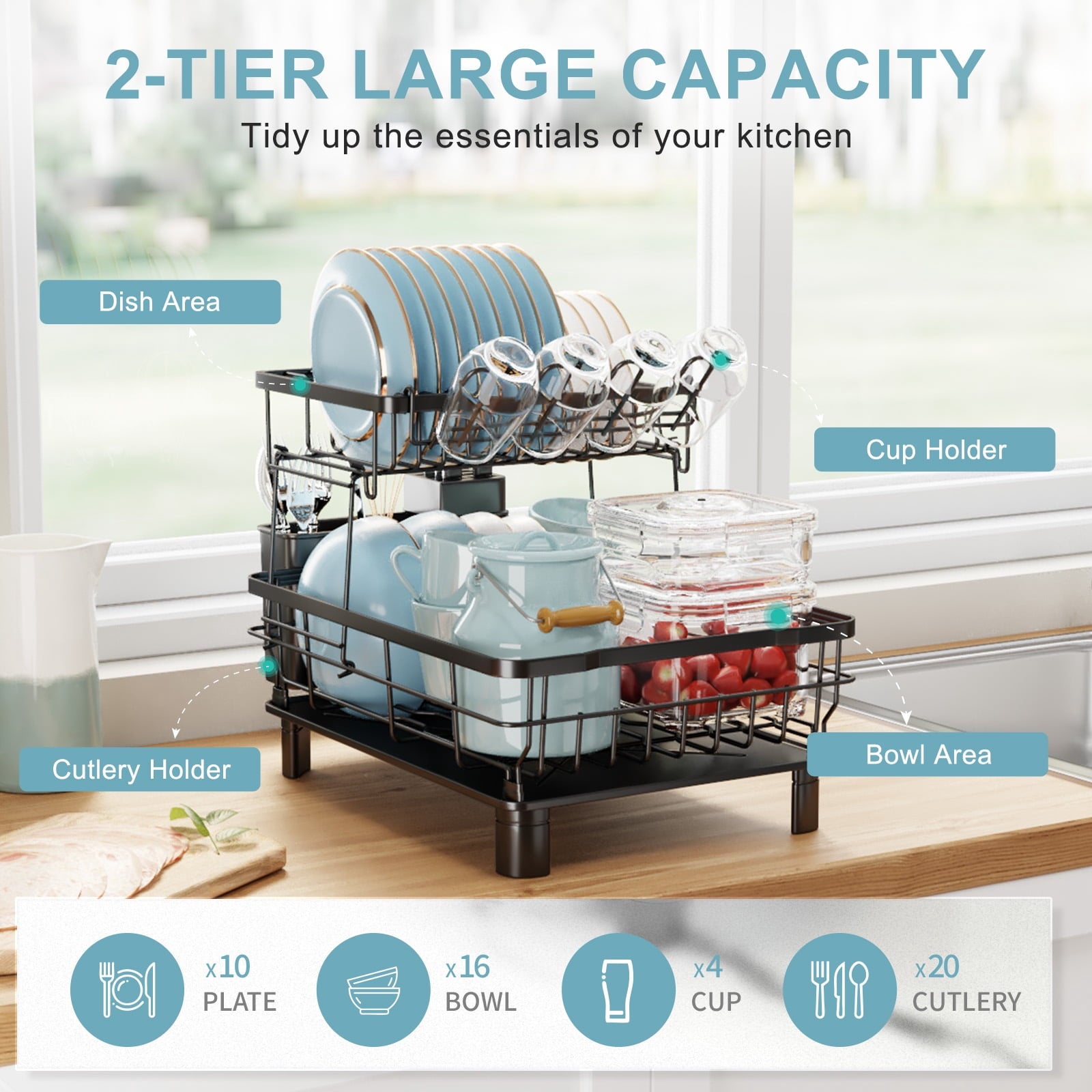 Fenbeli 2 Tier Dish Drying Rack,Premium Alloy Steel Dish Drainer for Kitchen Counter,Drainboard and Cup Holder,Anti-Rust & Space Saving,Utensil Holder,Black