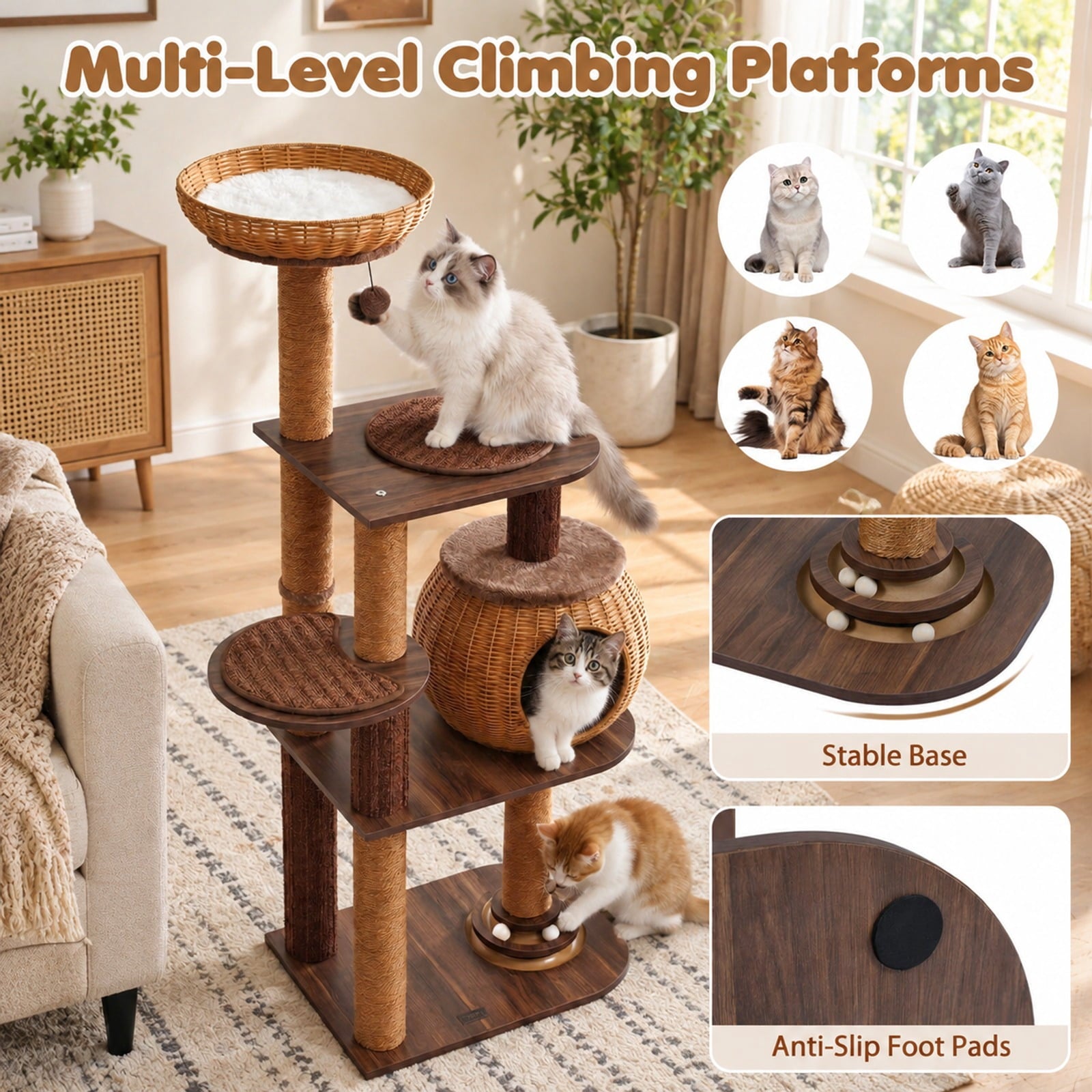 Fenbeli 59.5 Inch Cat Tree Multi-Level Cat Tower with PE Rattan Cat Condo and Top Perch, Platform 44 lbs Capacity, 23 x 16 x 59.5 Footprint