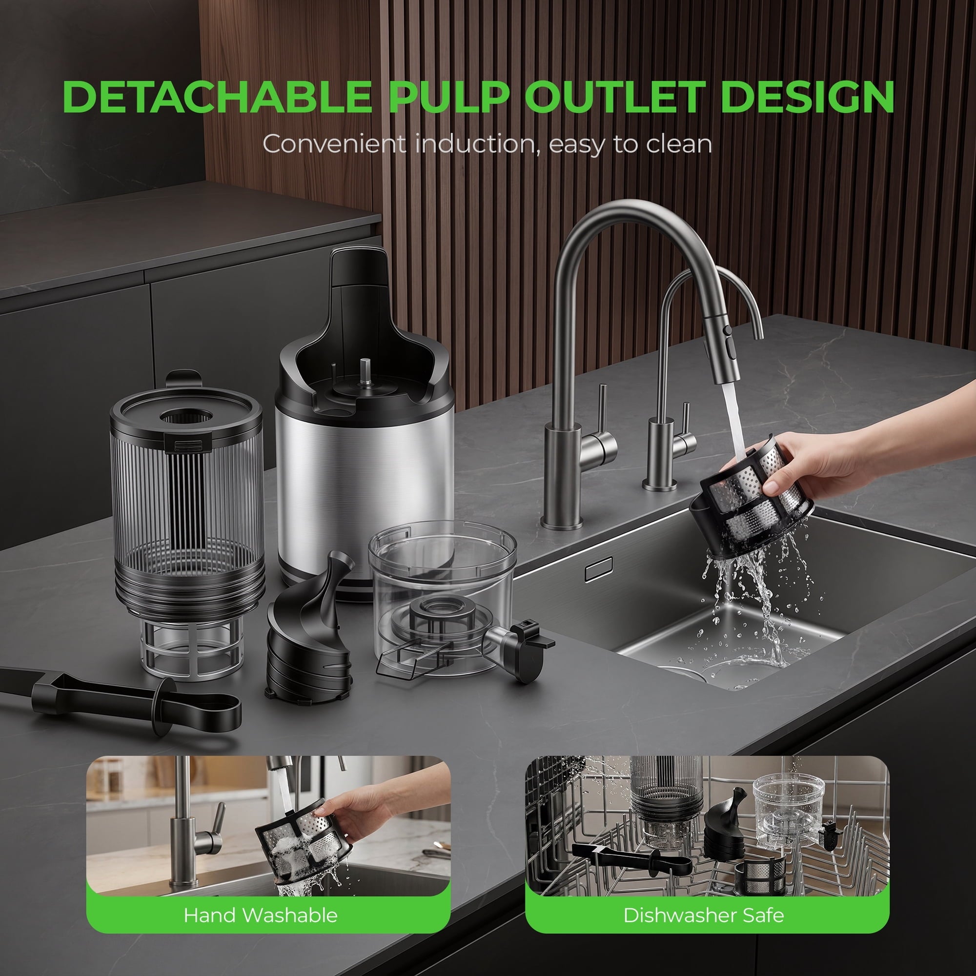 Fenbeli Slow Juicer, Cold Press Juicer Machine, 150W Masticating Juicer for Fruits and Vegetables, 2L Capacity, Black