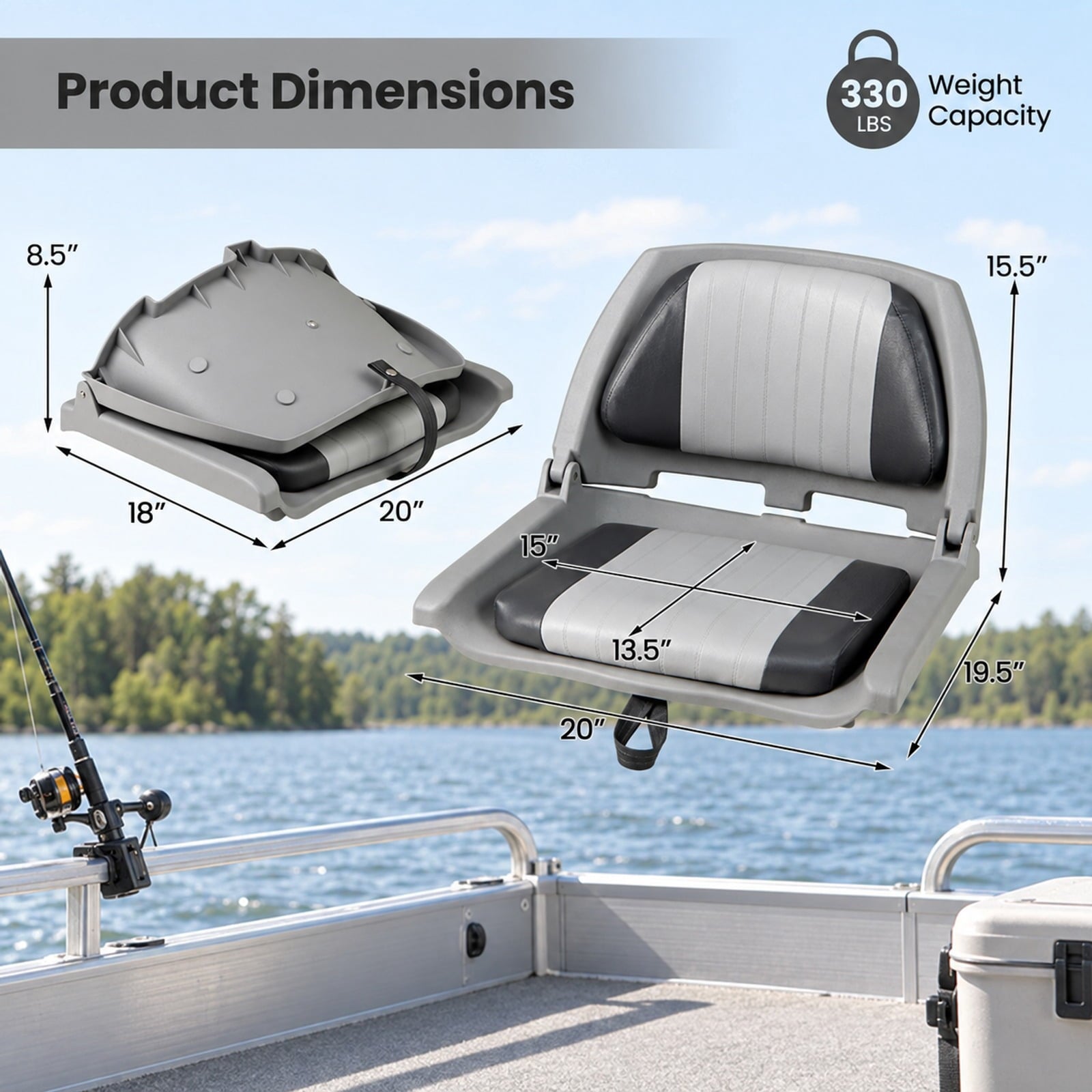 Fenbeli Boat Seat Folding Low Back Boat Chair with Marine-Grade PVC, 330 lbs Capacity, PP PVC Sponge Frame, 20 x 19.5 x 15.5 Footprint, Gray