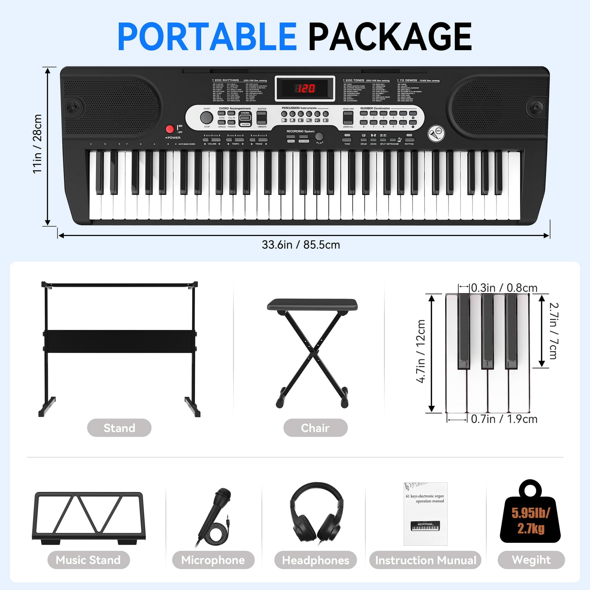 Fenbeli 61-Key Piano Keyboard with Lighted Keys, Stand, Bench, Microphone, Headphone, Electronic Keyboard Piano Set, Black