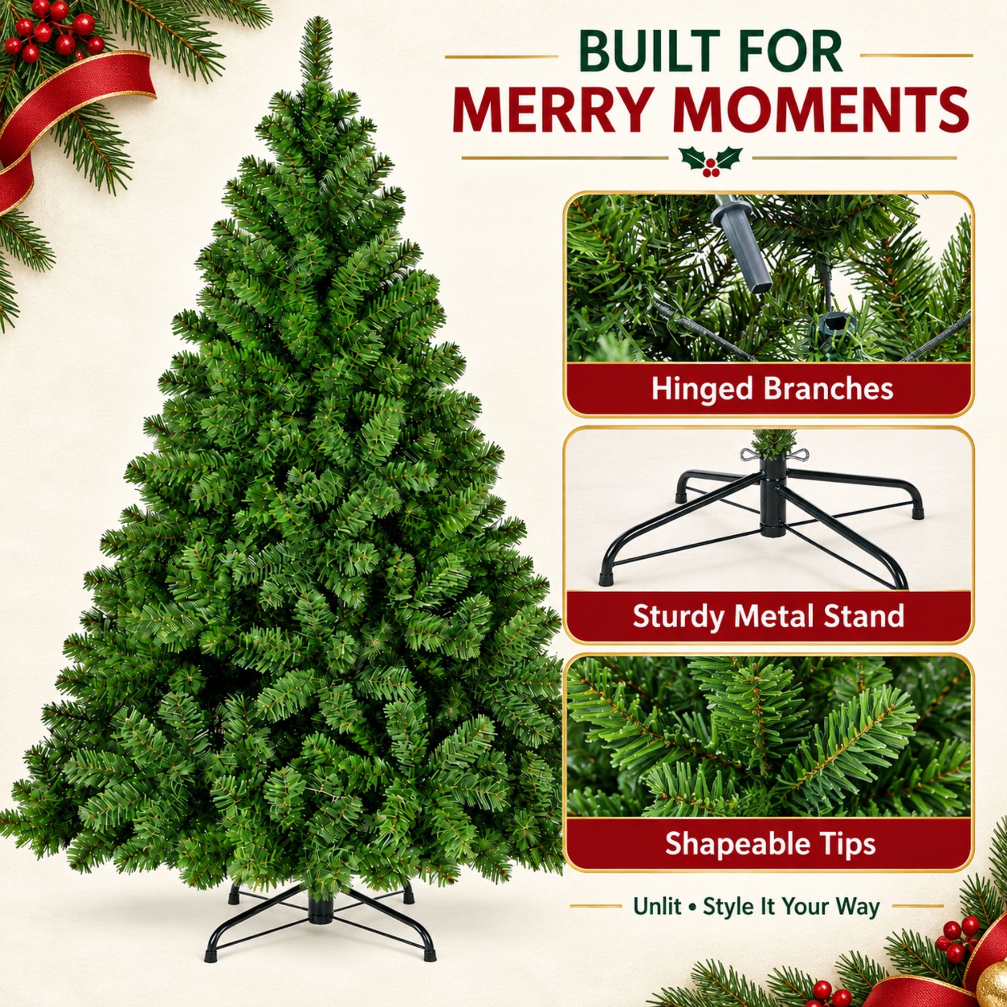 Fenbeli 6ft Artificial Christmas Tree with 1000 Branch Tips Full Green Xmas Tree for Home and Holiday Decor