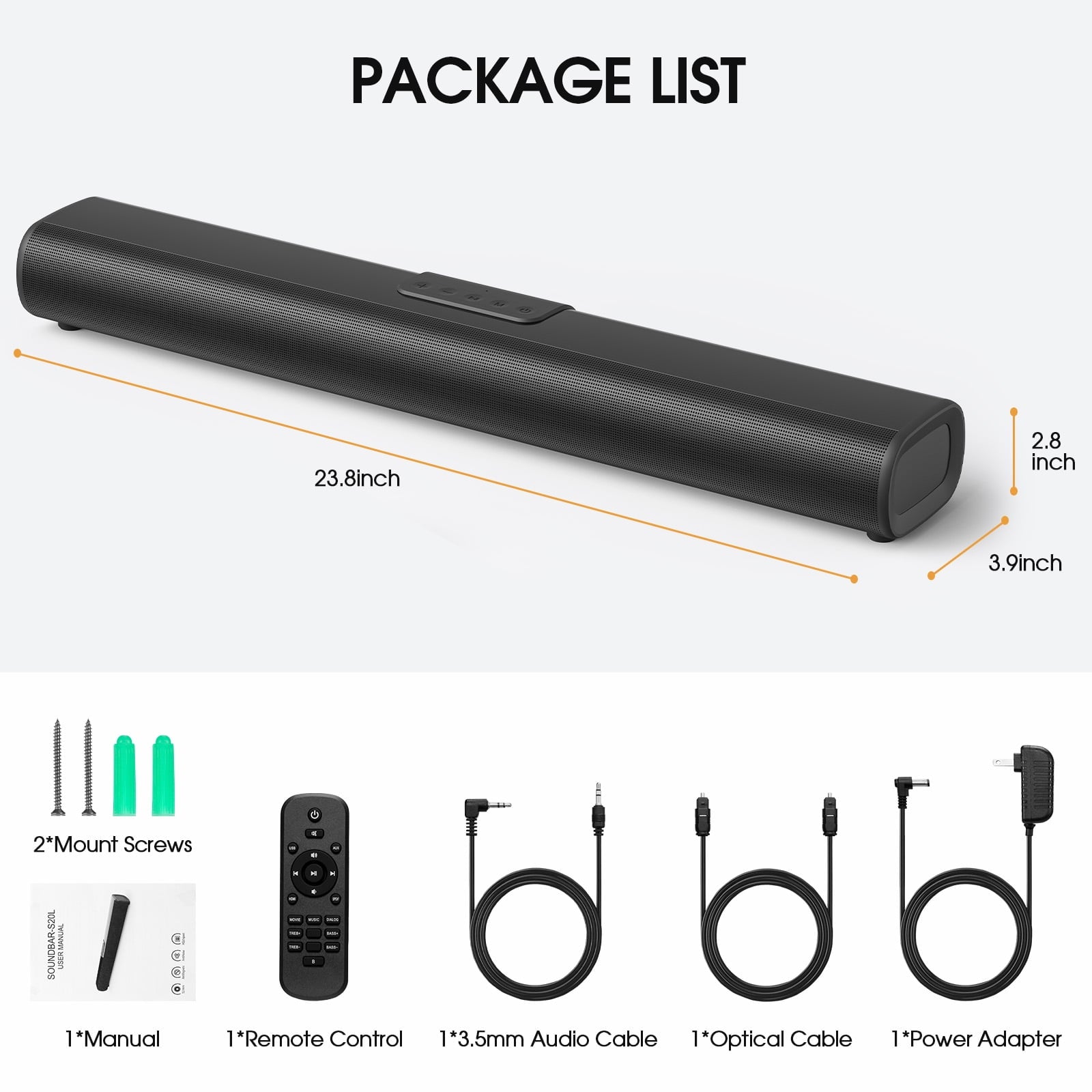 Fenbeli 50W Sound Bars for TV 3D Surround Sound System with Built-in Subwoofer Home TV Speakers SoundBar Optical RCA USB AUX Wall Mountable Black