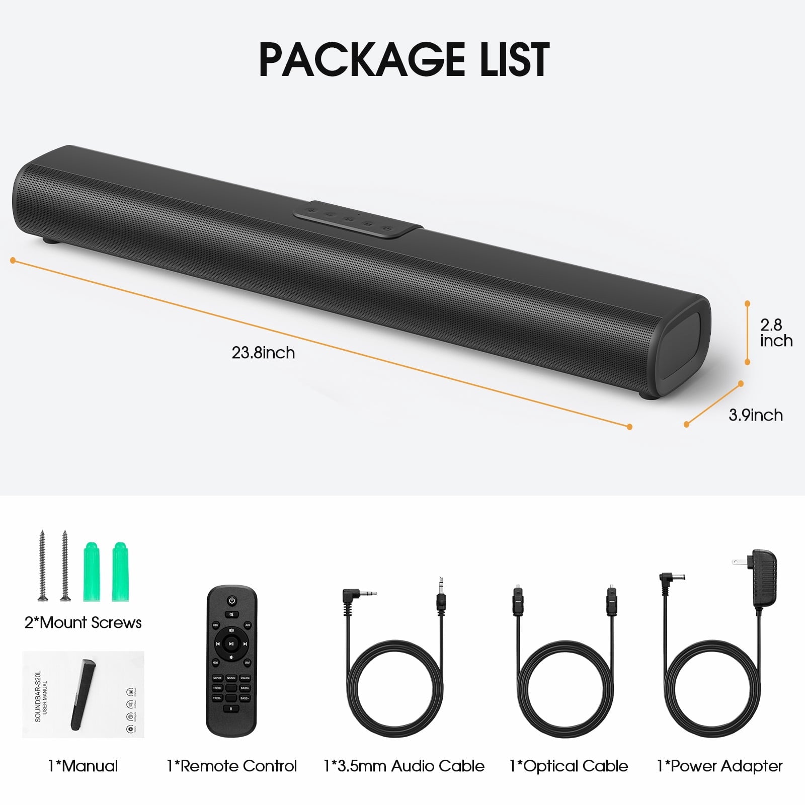 Fenbeli 50W Sound Bars for TV, 3D Surround Sound System with Built-in Subwoofer, Home TV Speakers SoundBar, Optical, RCA, USB AUX Wall Mountable, Black
