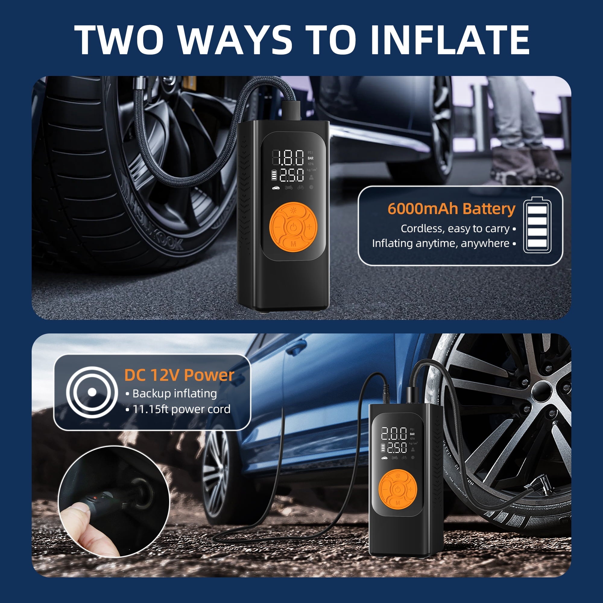 Fenbeli Portable Tire Inflator, 150PSI Cordless Air Compressor with 6000mAh Battery and DC 12V Dual Power, Digital Pressure Gauge, LED Light and Power Bank, Air Pump for Car Bike Motorcycle Ball, Black