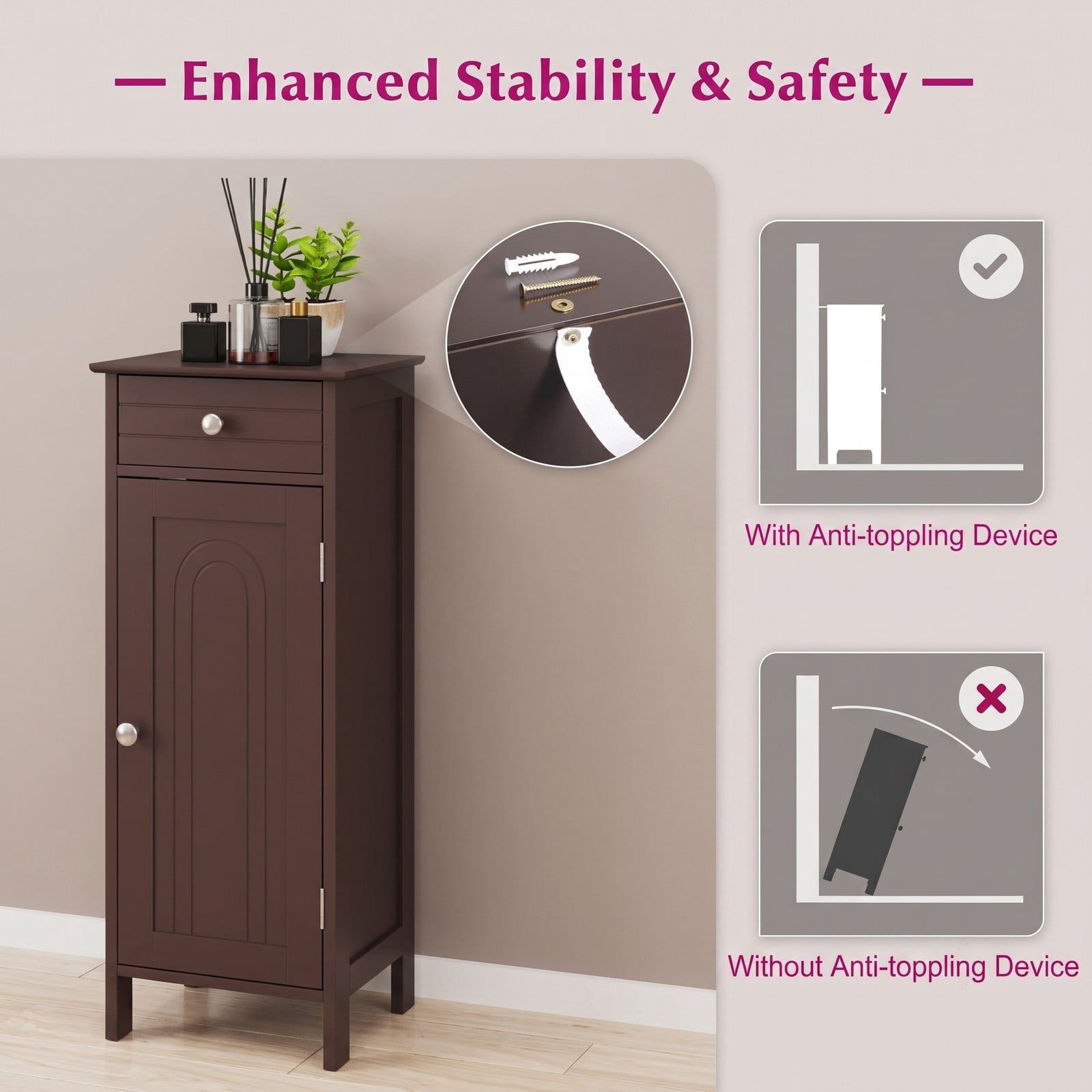 Fenbeli Wooden Floor Storage Cabinet, Free-Standing Bathroom Organizer with Drawer and 2 Adjustable Shelves, Narrow Side Cabinet for Living Room Bedroom, Brown