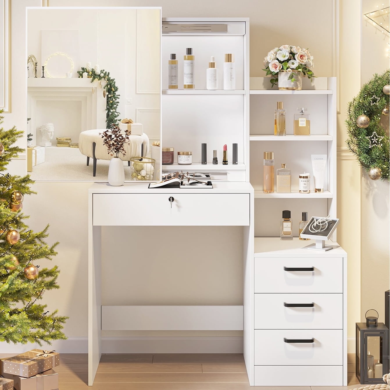Fenbeli White Lighted Makeup Vanity Table with Sliding Sliding Mirror, Modern Dressing Table Desk with Storage for Bedroom