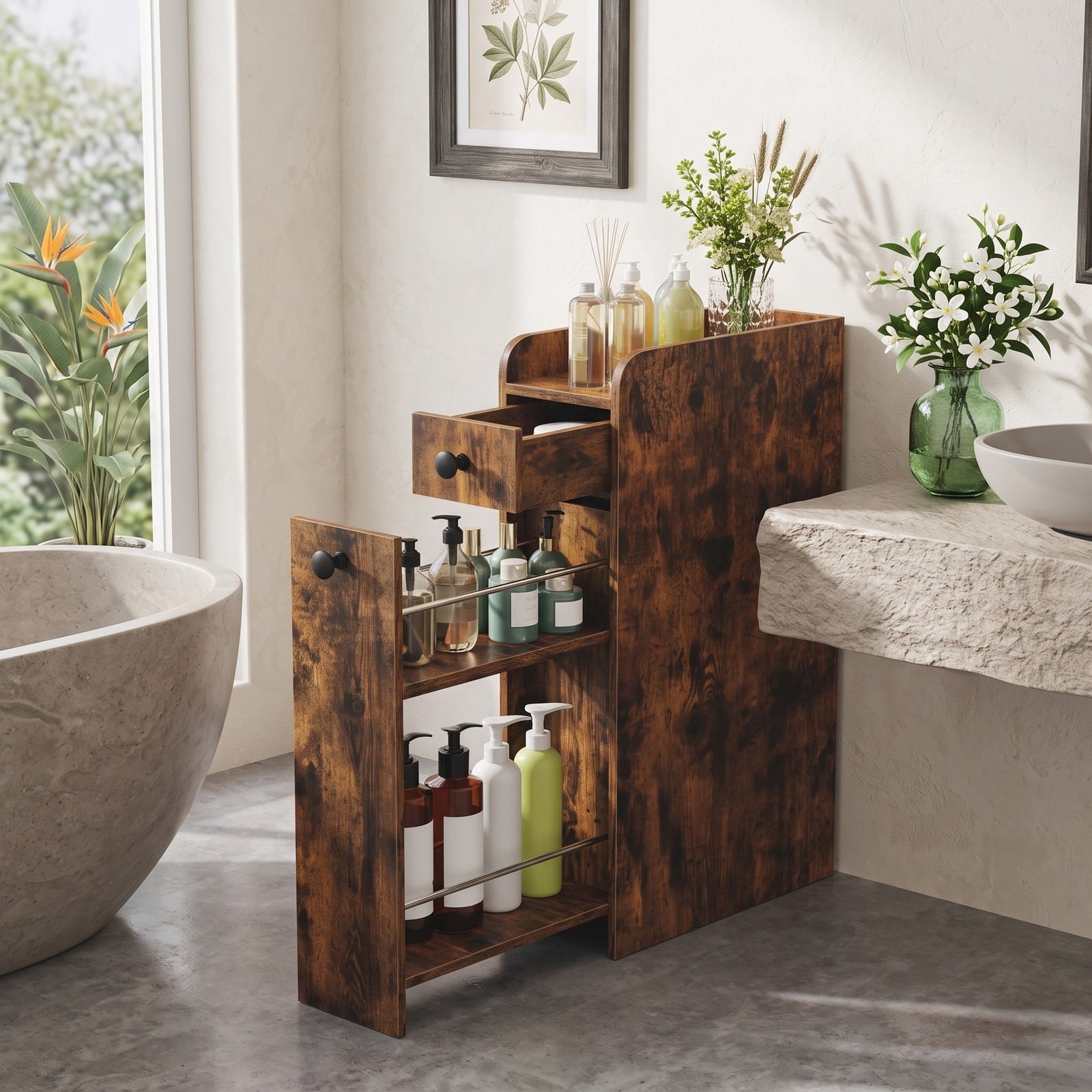 Fenbeli Small Bathroom Storage Cabinet, 4-Tier Narrow Slim Rolling Organizer with 3 Slide Out Drawers on Casters, Freestanding Storage Tower for Bathroom, Brown