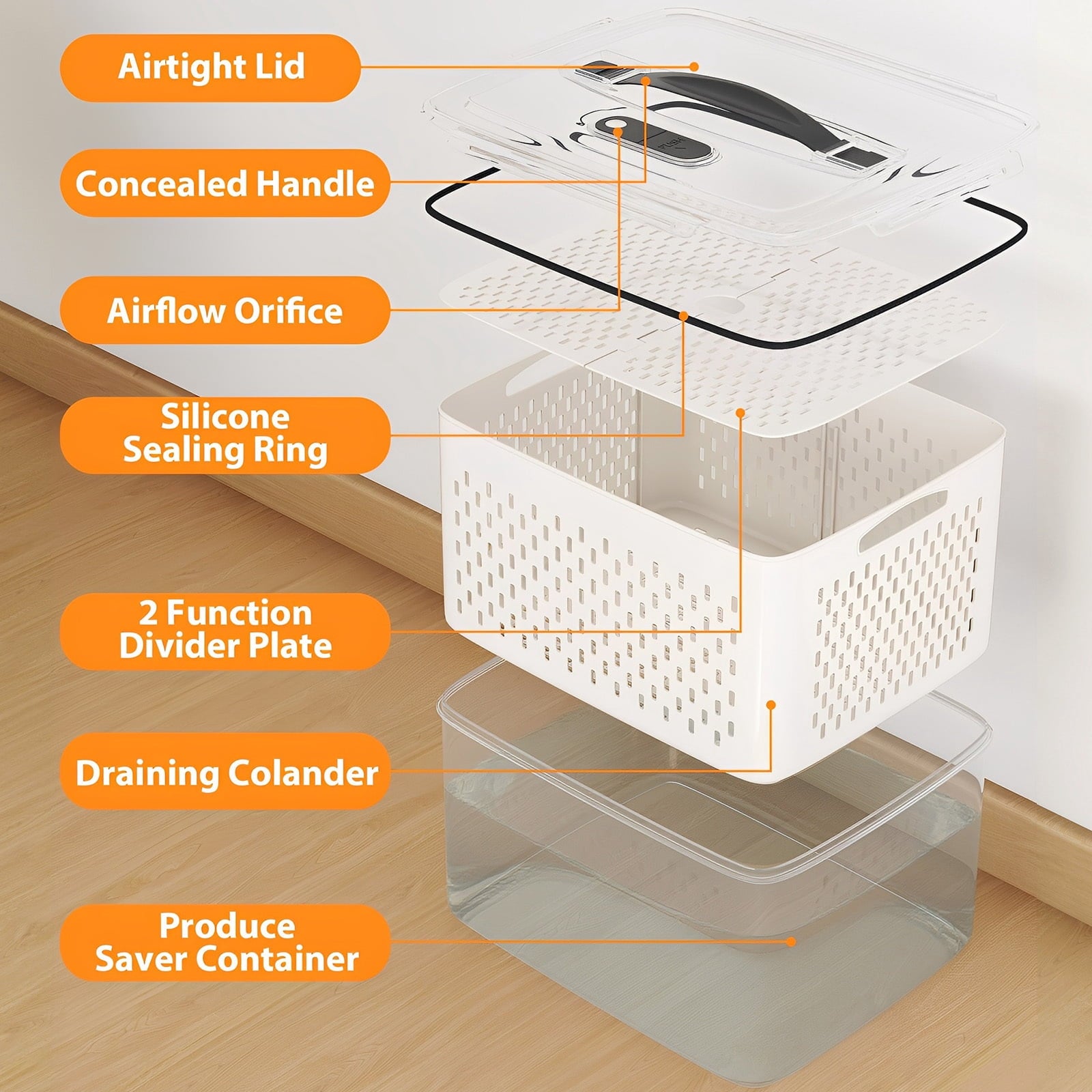 Fenbeli Fruit Vegetable Storage Containers for Fridge, 6 Pack Produce Saver with Lids and Removable Colander, BPA-Free Airtight Fresh Keeper with Adjustable Vent and Divider, Refrigerator Organizer Set