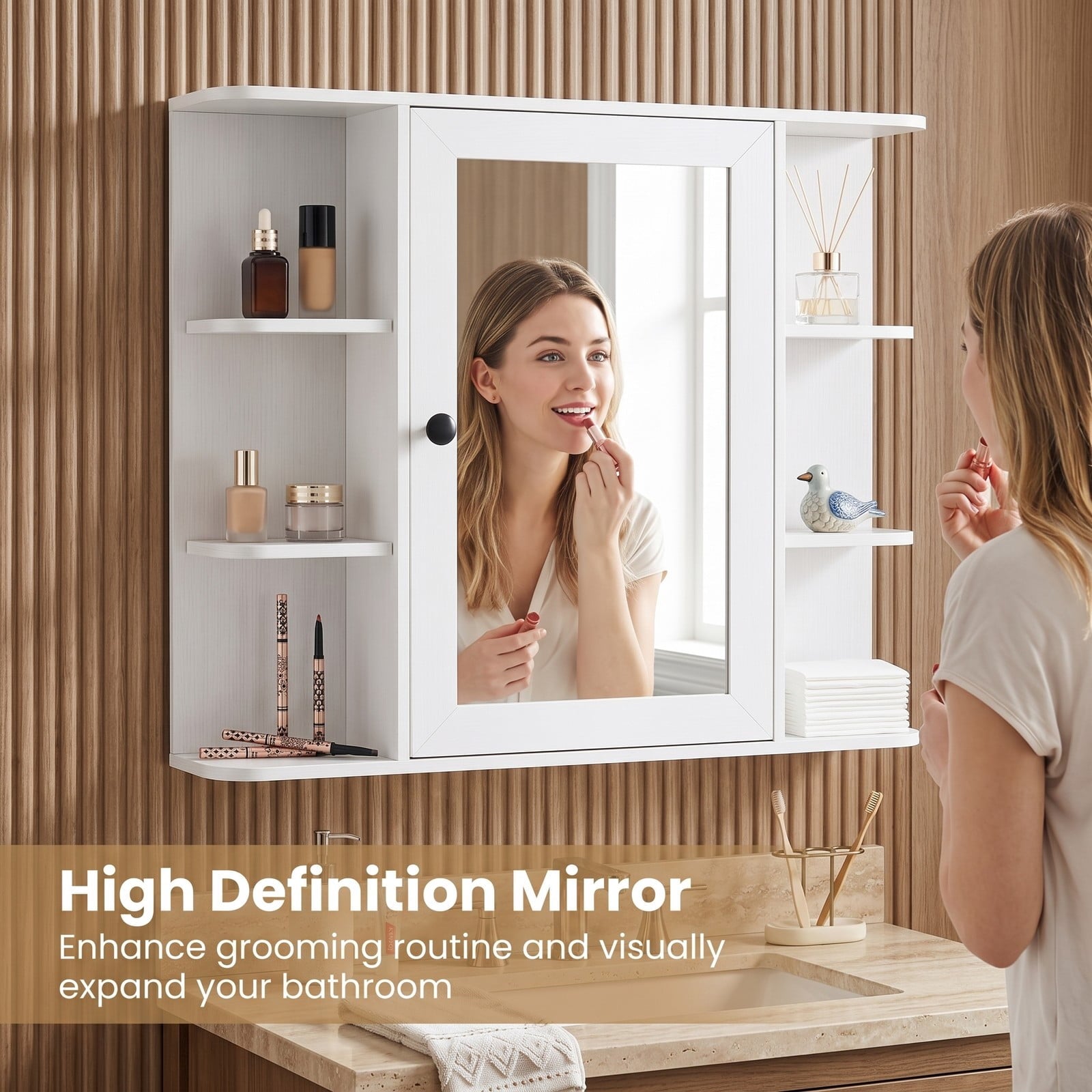 Fenbeli Wall Mounted Bathroom Medicine Cabinet with Mirror and Open Shelves, Wood Storage Organizer with Mirrored Door and Adjustable Compartments for Bathroom, White