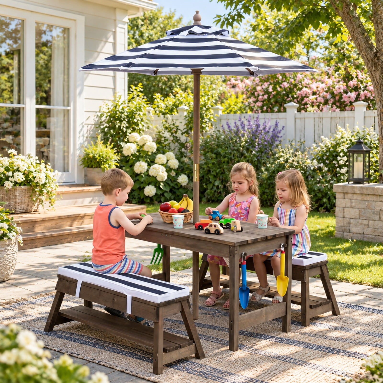 Fenbeli Outdoor Kids Wooden Picnic Table and Benches Set with Umbrella, 110 lbs Capacity, Fir Wood Nylon Fabric Sponge PP Frame, for 3+ Years Old