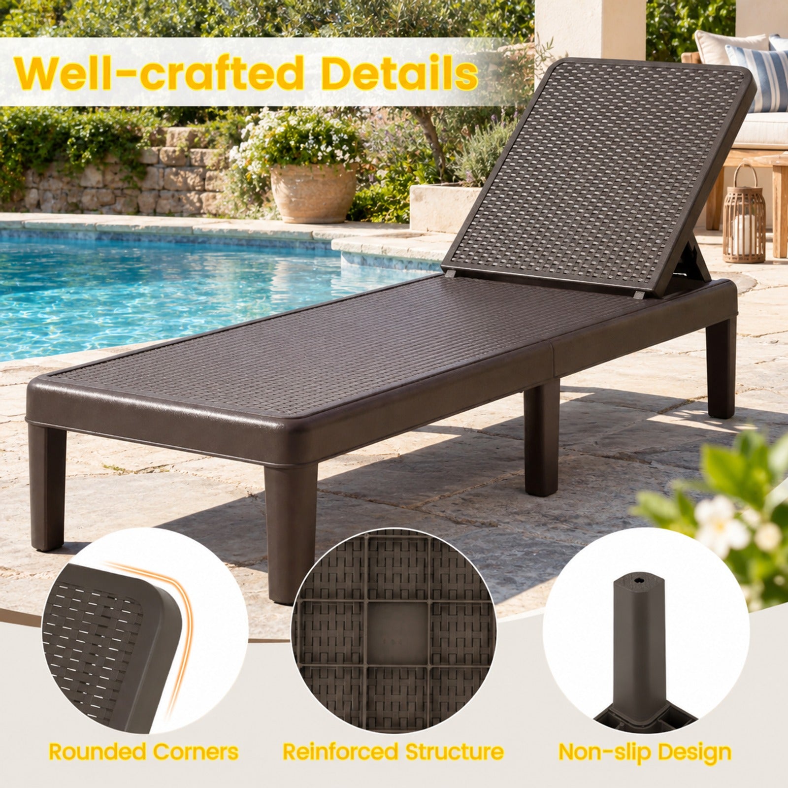 Fenbeli Outdoor Chaise Lounger Chair with Waterproof Rattan Textured PP Surface and 330 lbs Capacity, 330 lbs Capacity, PP Frame, Brown