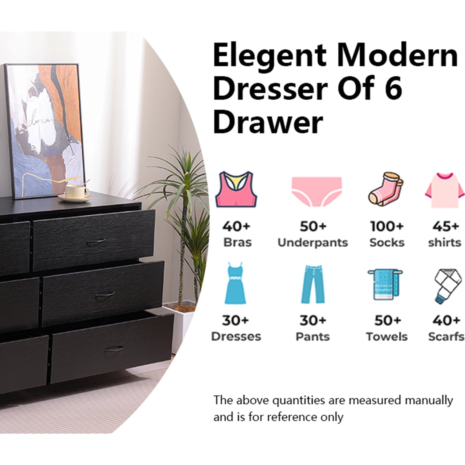 Fenbeli Modern 6 Drawer Dresser for Bedroom, Black Drawer Dresser with Metal Handles, Storage Chest for Bedroom, Living Room, Office