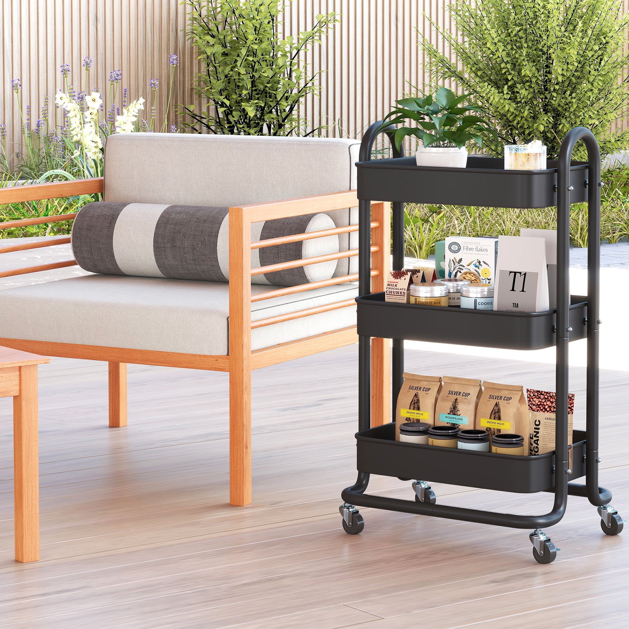 Fenbeli 3-Tier Metal Rolling Utility Cart with Wheels, black, 18L x 13.4W x 31H
